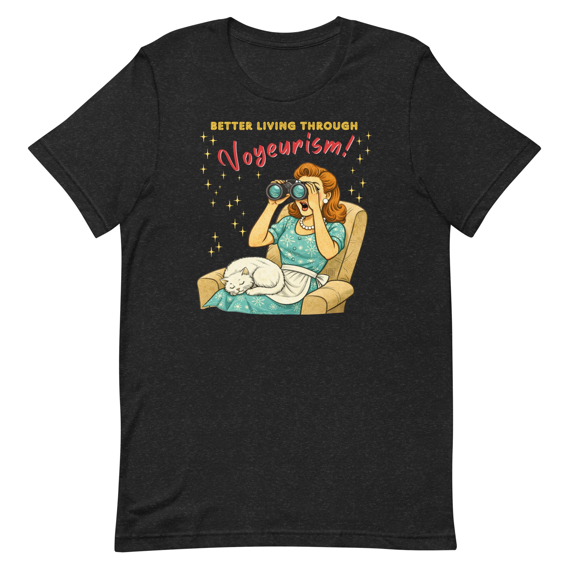 Retro watercolor illustration of a 1950s woman in a blue dress with binoculars and a white cat on her lap on a black t-shirt.