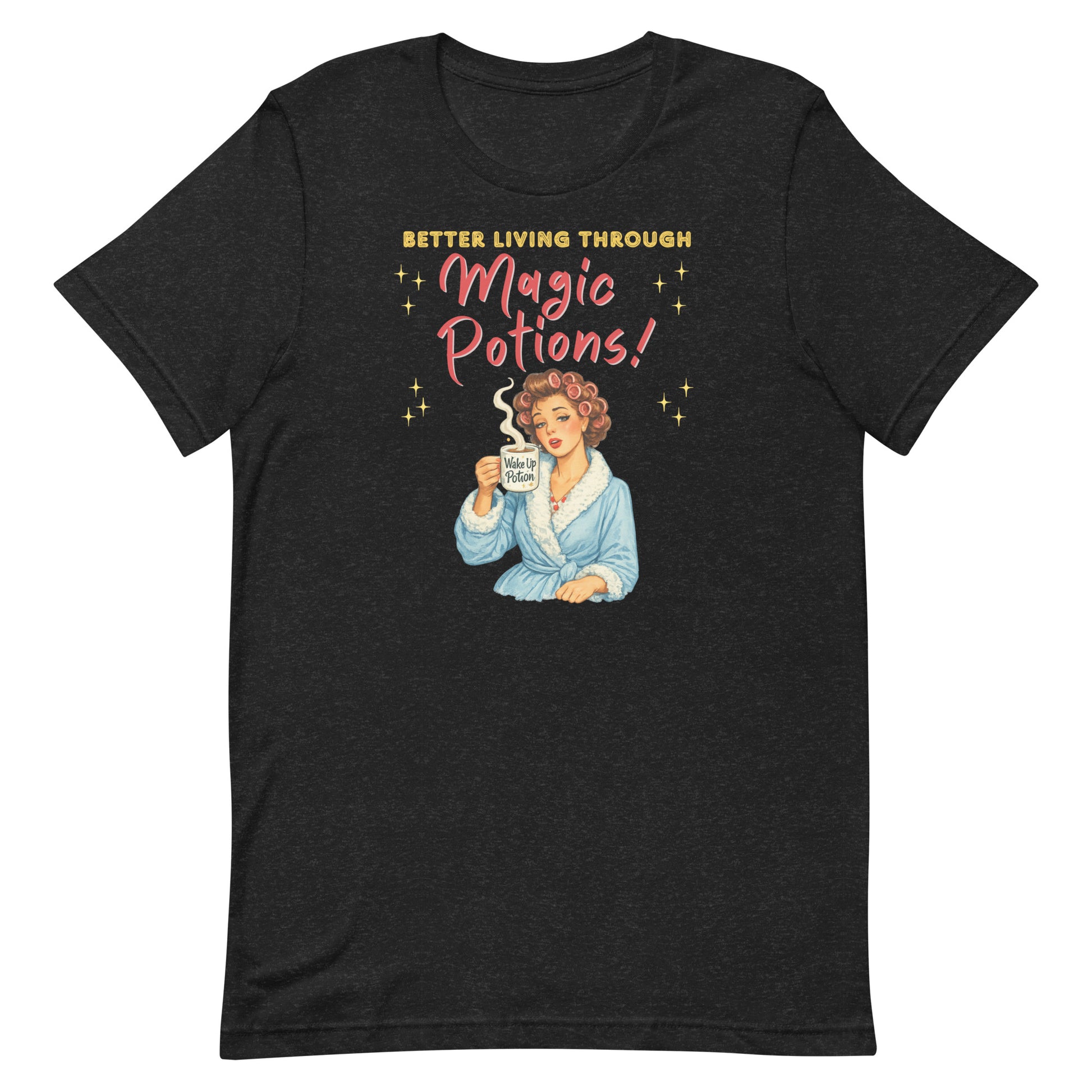 Close-up of the "Better Living Through Magic Potions" design on a premium charcoal-colored t-shirt.
