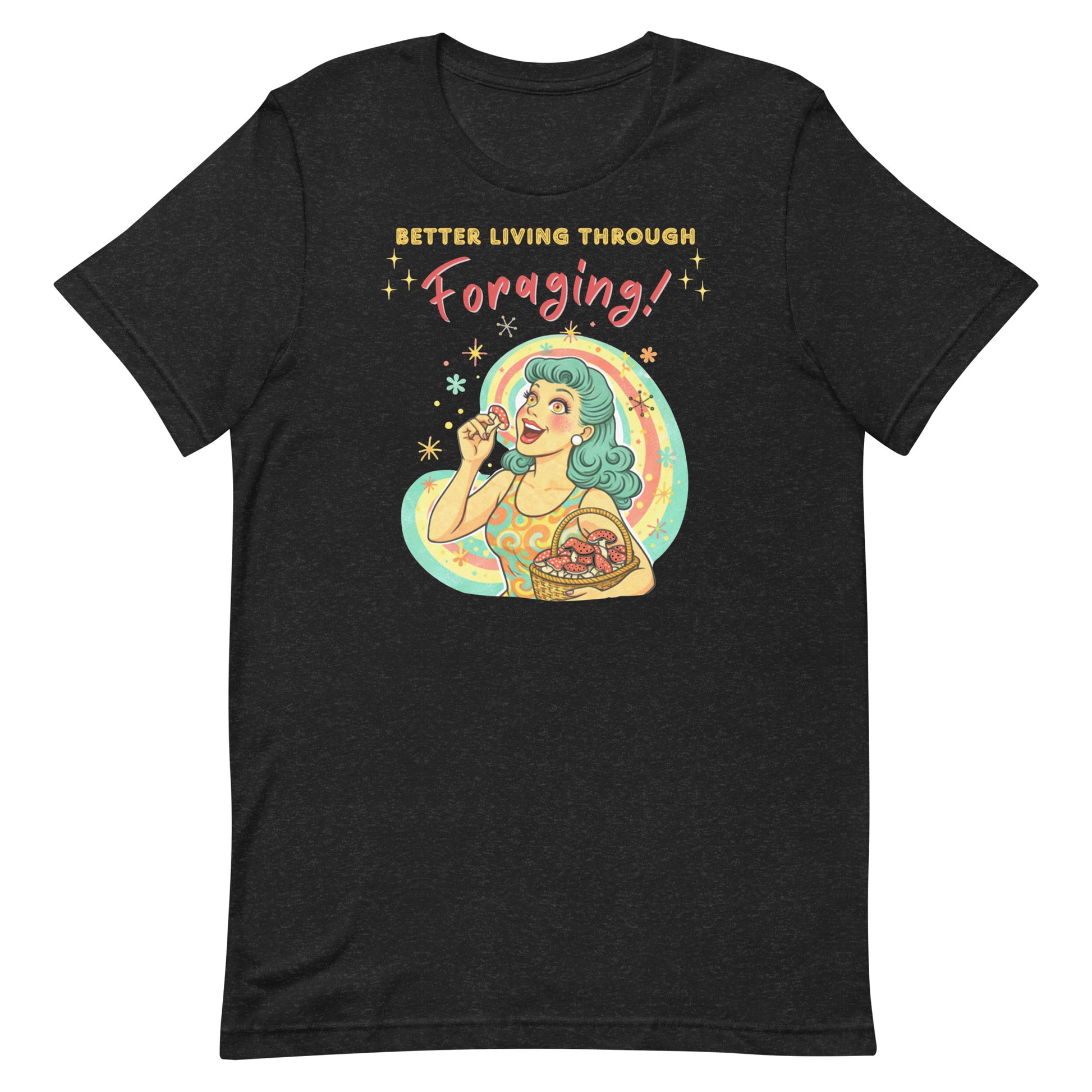 Retro watercolor illustration of a woman with teal hair and wide eyes holding a basket of red mushrooms on a black t-shirt.