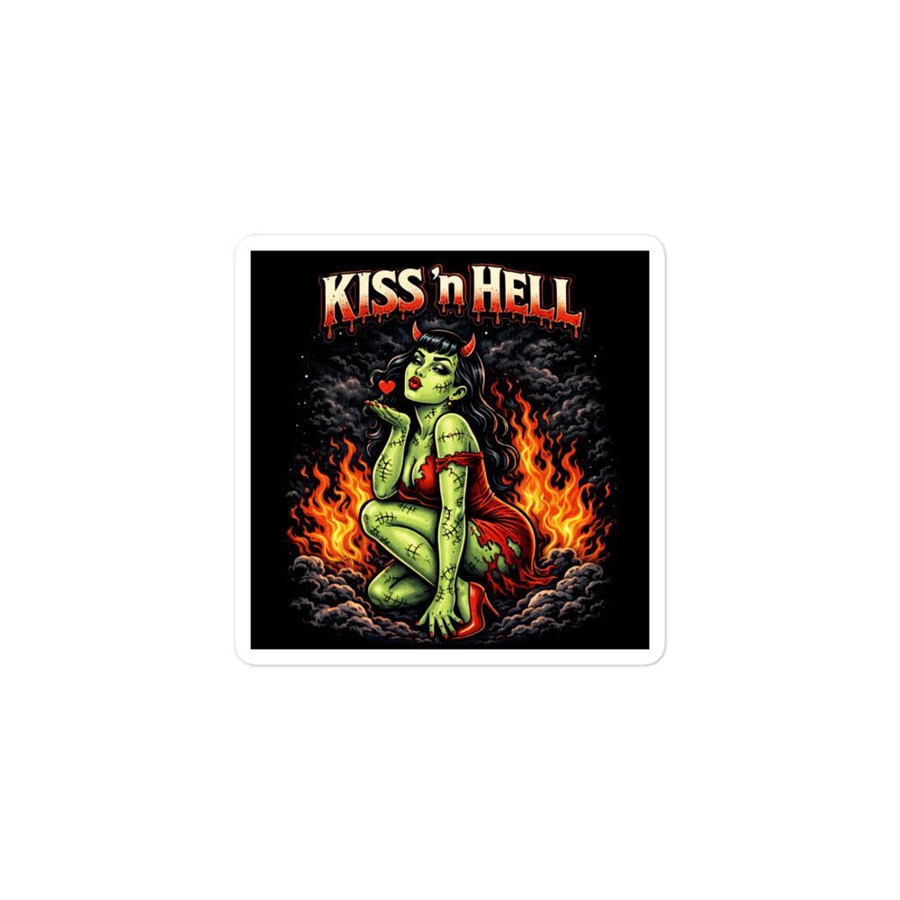 A close-up of a 3-inch square sticker featuring a green zombie pinup with devil horns blowing a kiss, surrounded by pinstriped orange flames and the text 'KISS 'n HELL'.
