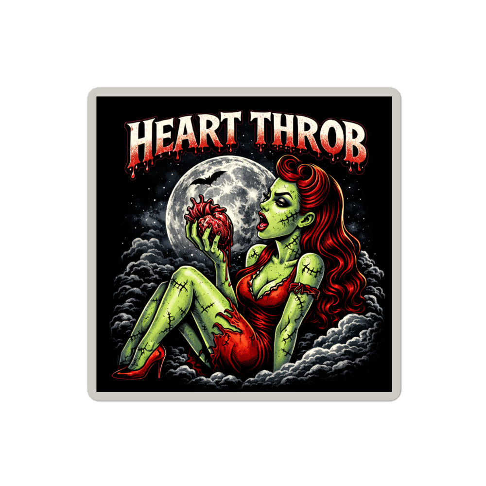A close-up of the 4-inch "Heart Throb" vinyl sticker with vibrant neon green skin and deep red hair details.