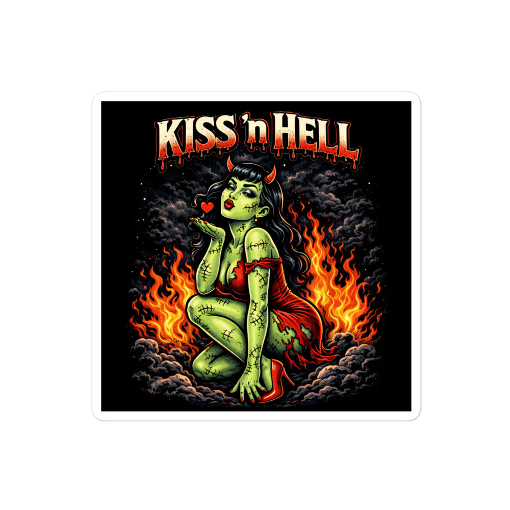 A close-up of the 4-inch "Kiss 'n Hell" vinyl sticker with vibrant neon green skin and fiery orange-red background details.
