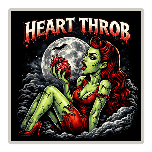 A large, detailed close-up of the 5-inch "Heart Throb" sticker showing the intricate moonlit clouds and pinstripe-inspired art.