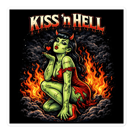 A large, detailed close-up of the 5-inch "Kiss 'n Hell" sticker showing the intricate pinstripe-inspired smoke and flame art.
