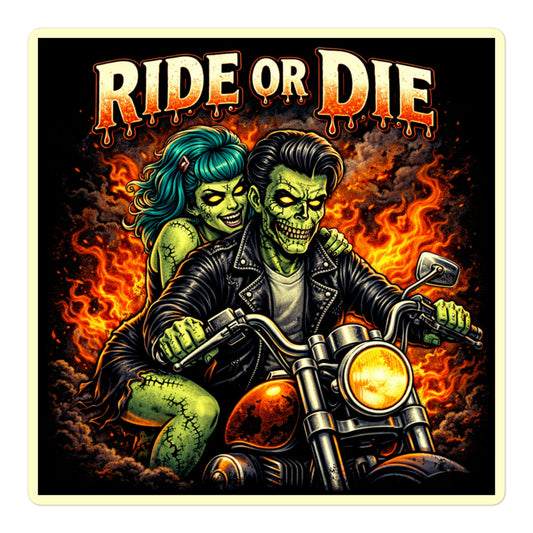 A large, detailed close-up of the 5-inch "Ride or Die" sticker showing the intricate chrome reflections on the motorcycle and the pinstripe flames.
