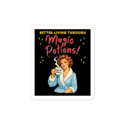 Better Living Through Magic Potions vinyl decal — vintage retro housewife in pink rollers and blue fluffy robe holding a steaming Wake Up Potion mug on black background, satin finish waterproof sticker by Cinderpoint Studios