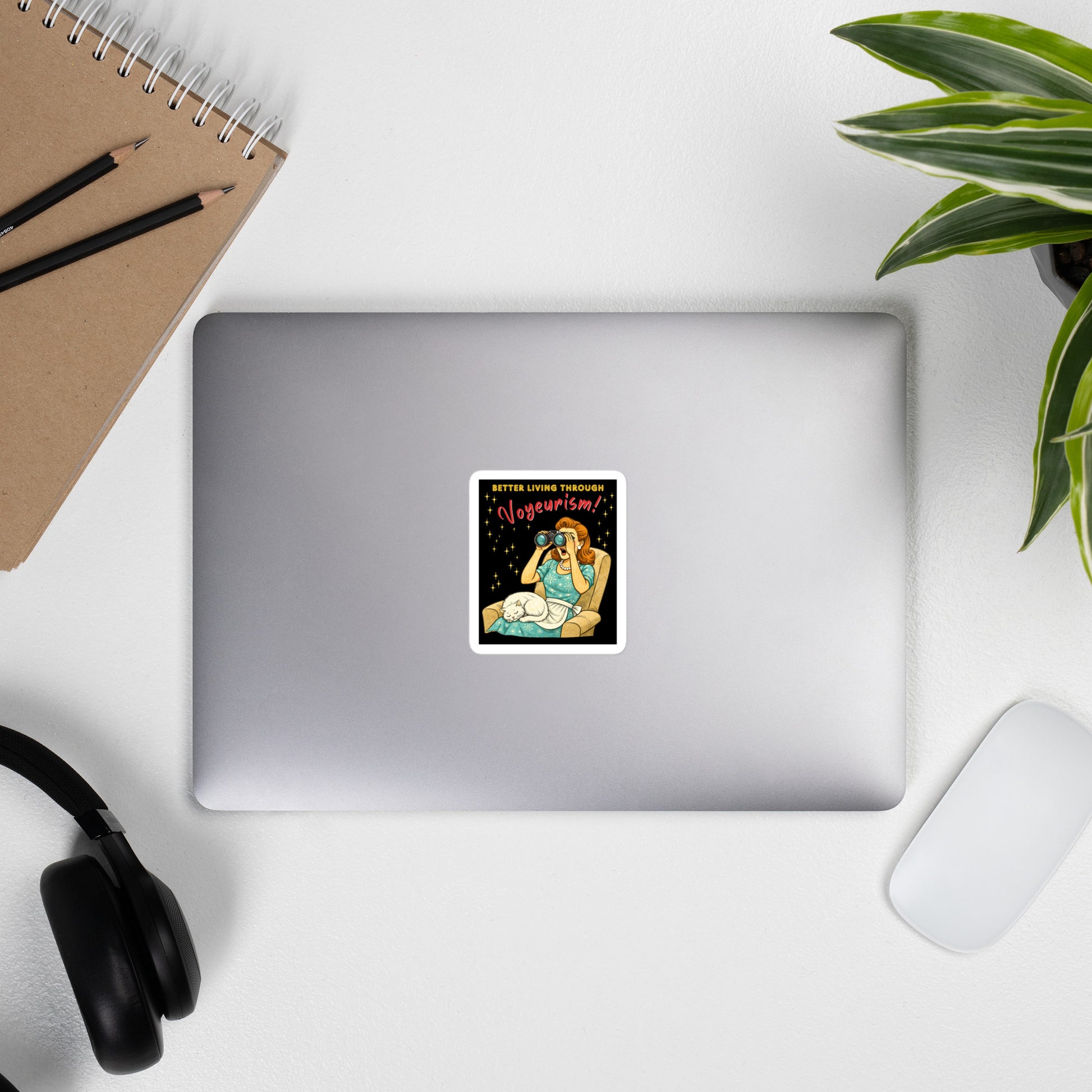 Better Living Through Voyeurism vinyl decal — vintage 1950s retro housewife peering through binoculars with mouth open while white cat sleeps in her lap on black background, satin finish waterproof sticker by Cinderpoint Studios
