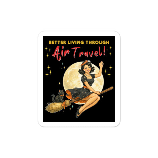 Better Living Through Air Travel vinyl decal — vintage retro pinup witch in black polka dot dress and stewardess hat riding a broom in front of a full moon with a dapper black cat familiar in orange bow tie on black background, satin finish waterproof sticker by Cinderpoint Studios