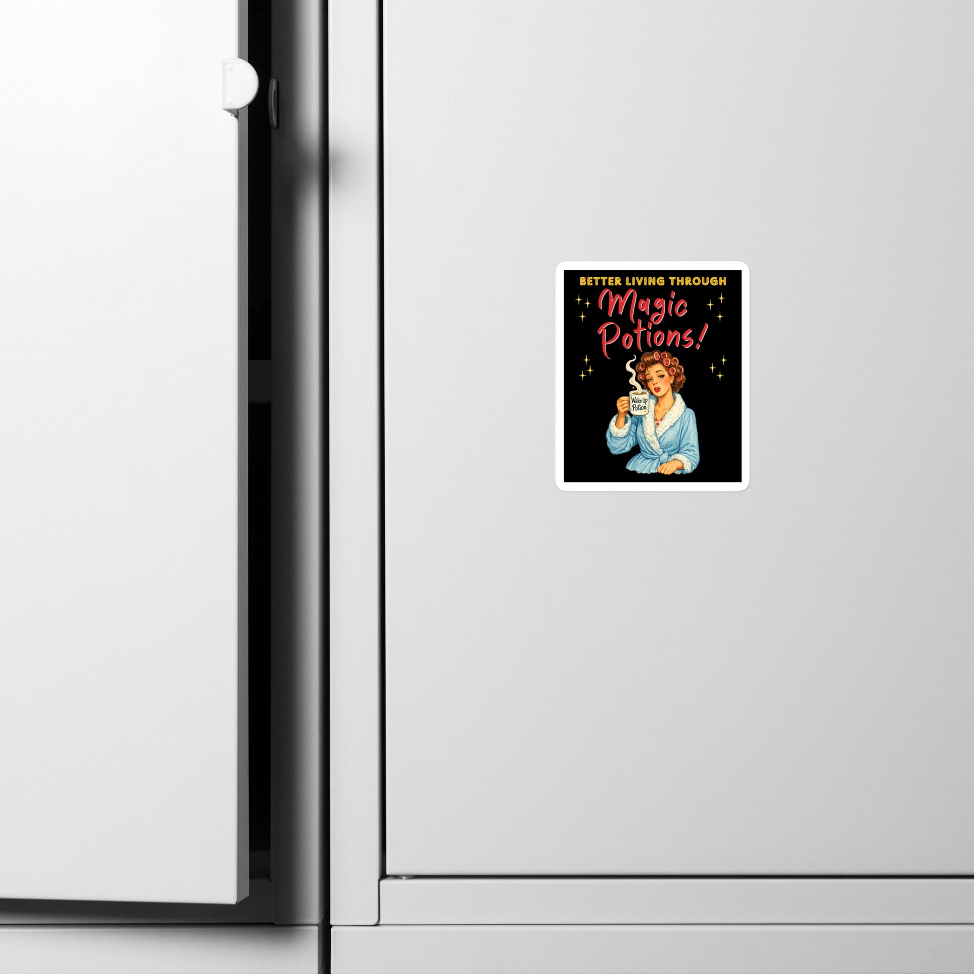 Better Living Through Magic Potions vinyl decal — vintage retro housewife in pink rollers and blue fluffy robe holding a steaming Wake Up Potion mug on black background, satin finish waterproof sticker by Cinderpoint Studios