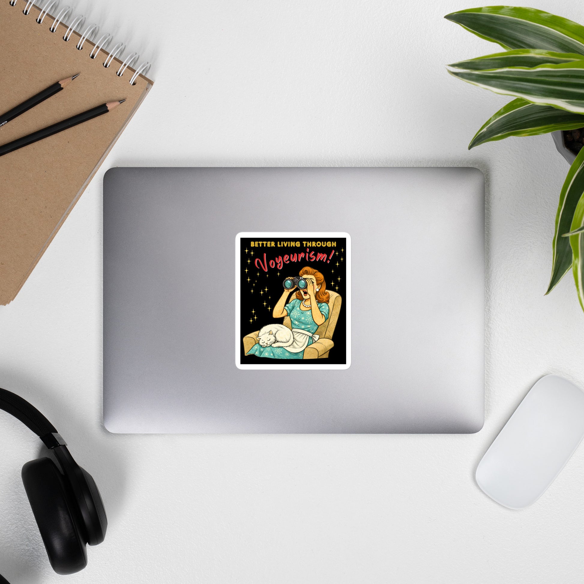 Better Living Through Voyeurism vinyl decal — vintage 1950s retro housewife peering through binoculars with mouth open while white cat sleeps in her lap on black background, satin finish waterproof sticker by Cinderpoint Studios