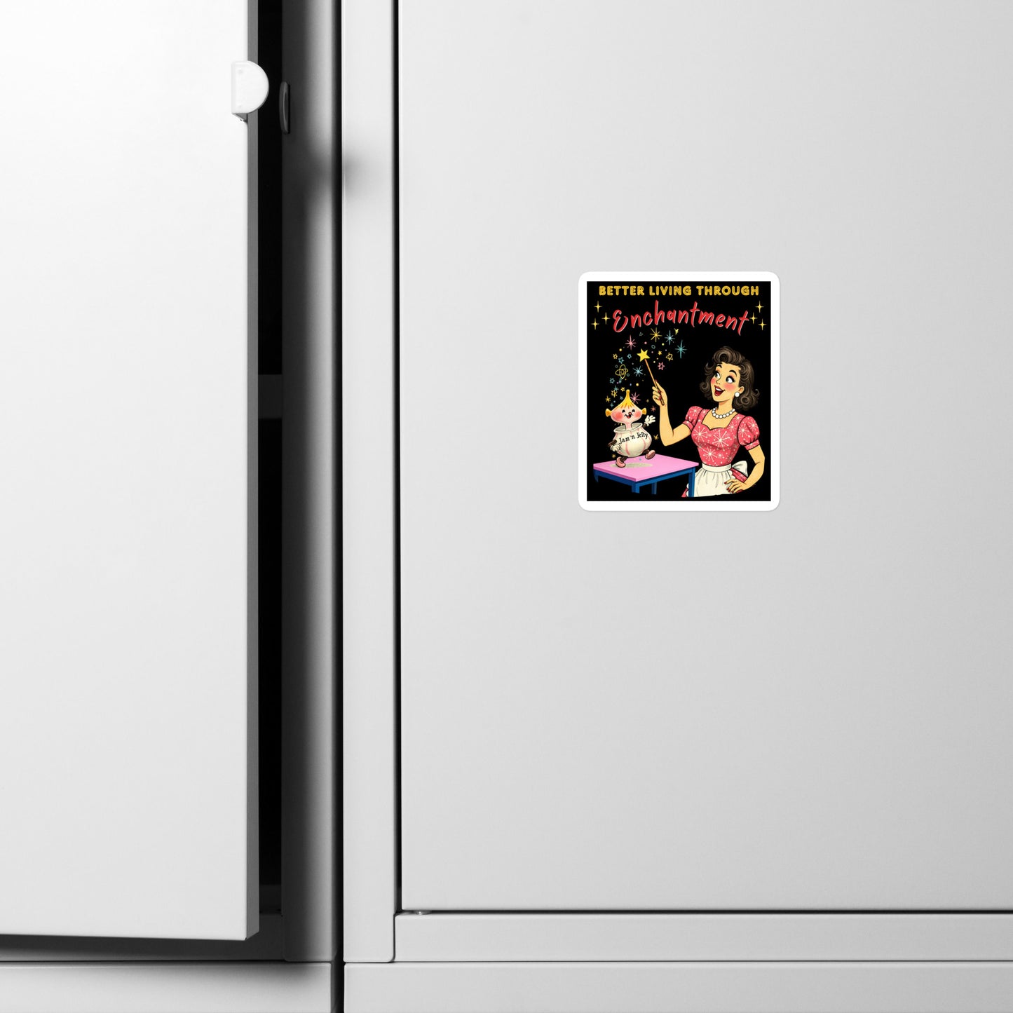 Better Living Through Enchantment vinyl decal — vintage 1950s retro housewife in atomic snowflake dress pointing a magic wand at an enchanted anthropomorphic Jam n Jelly jar dancing on a pink table on black background, satin finish waterproof sticker by Cinderpoint Studios