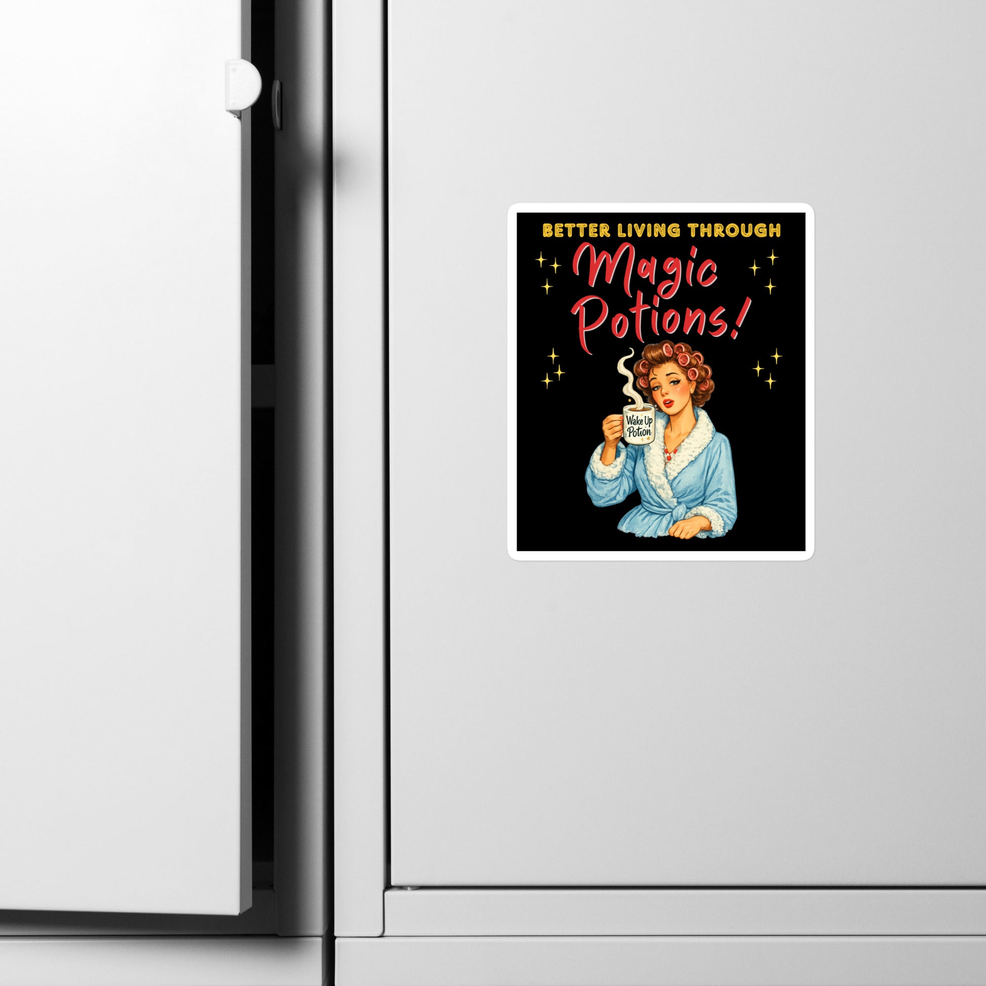 Better Living Through Magic Potions vinyl decal — vintage retro housewife in pink rollers and blue fluffy robe holding a steaming Wake Up Potion mug on black background, satin finish waterproof sticker by Cinderpoint Studios