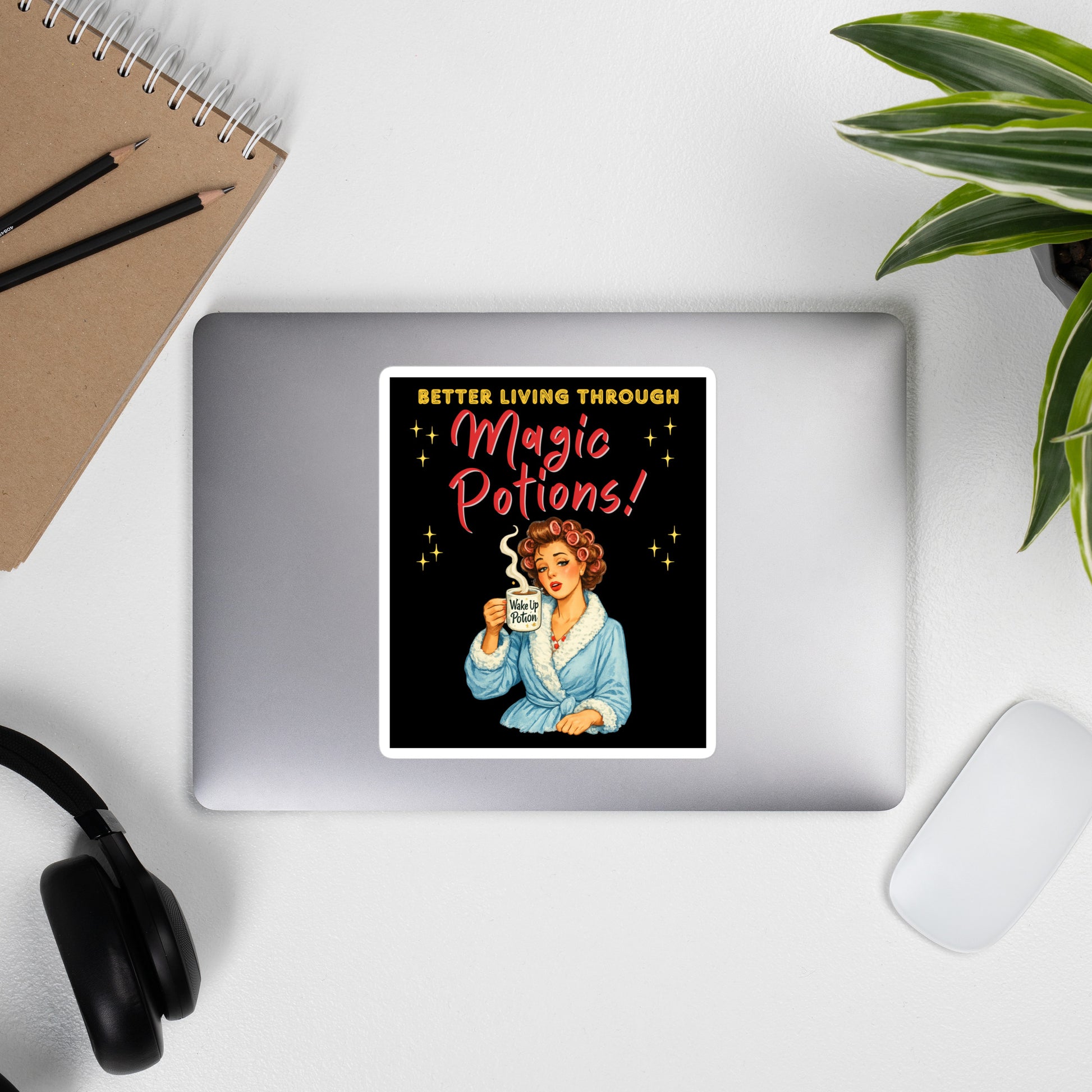 Better Living Through Magic Potions vinyl decal — vintage retro housewife in pink rollers and blue fluffy robe holding a steaming Wake Up Potion mug on black background, satin finish waterproof sticker by Cinderpoint Studios