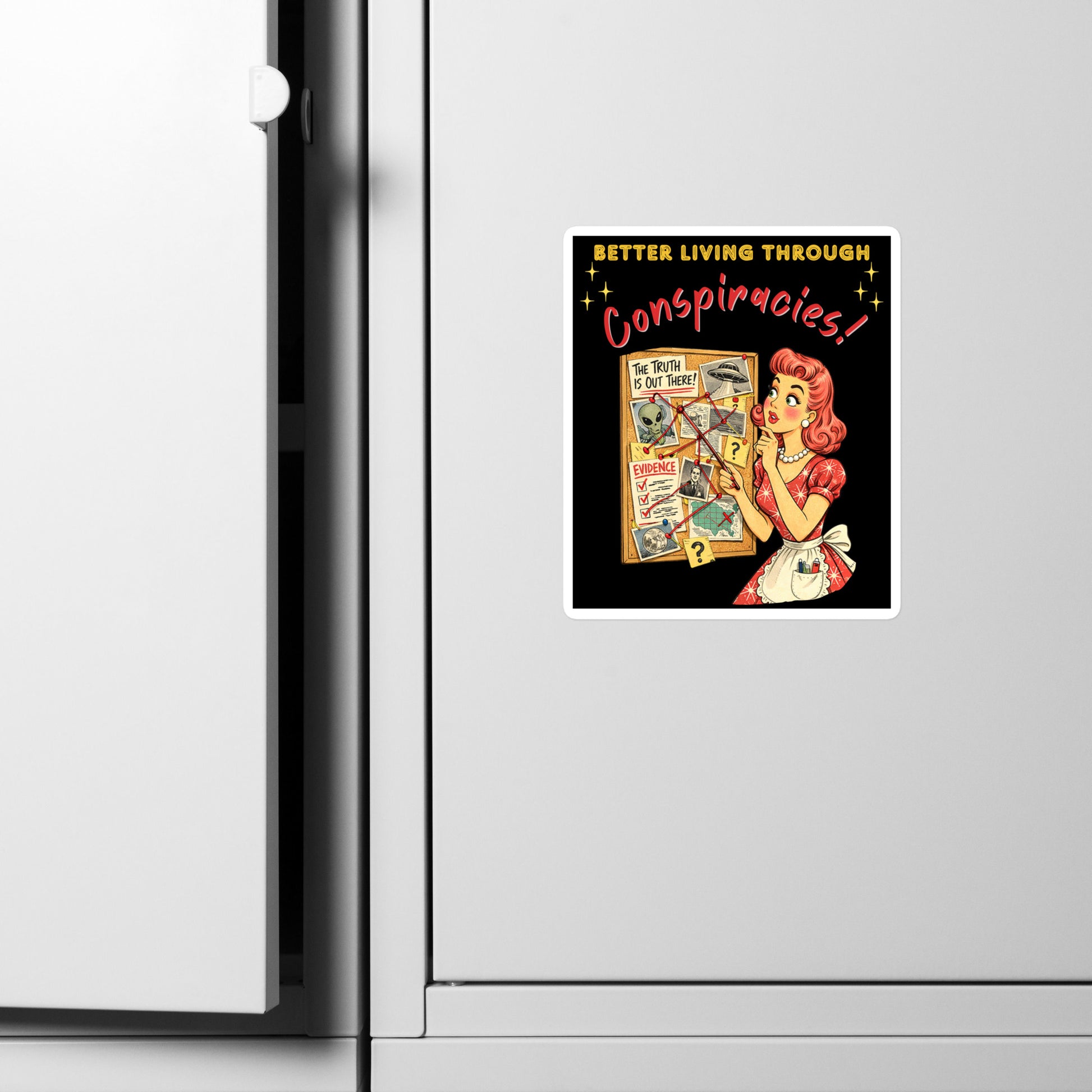 Better Living Through Conspiracies vinyl decal — vintage 1950s retro housewife pointing at alien evidence cork board with red string and UFO photos on black background, satin finish waterproof sticker by Cinderpoint Studios