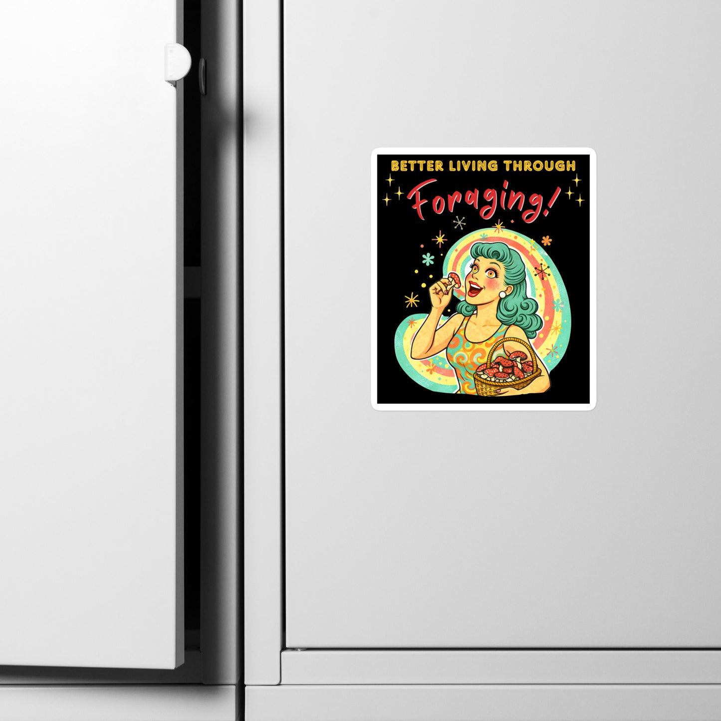 Better Living Through Foraging vinyl decal — vintage retro housewife with teal hair and glowing eyes holding a red mushroom with basket of foraged mushrooms against rainbow halo on black background, satin finish waterproof sticker by Cinderpoint Studios
