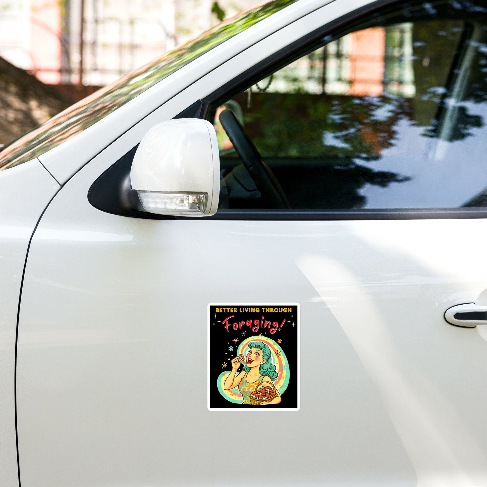 Better Living Through Foraging vinyl decal — vintage retro housewife with teal hair and glowing eyes holding a red mushroom with basket of foraged mushrooms against rainbow halo on black background, satin finish waterproof sticker by Cinderpoint Studios