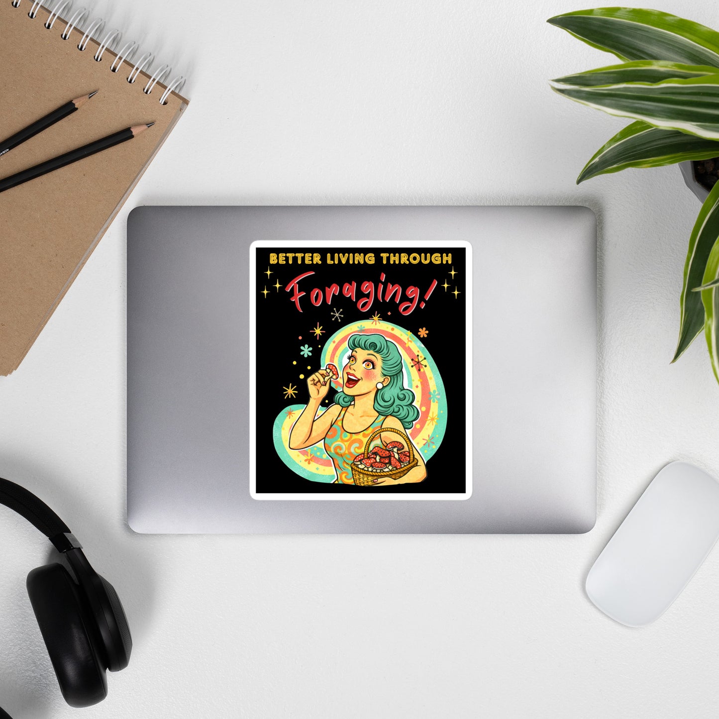 Better Living Through Foraging vinyl decal — vintage retro housewife with teal hair and glowing eyes holding a red mushroom with basket of foraged mushrooms against rainbow halo on black background, satin finish waterproof sticker by Cinderpoint Studios