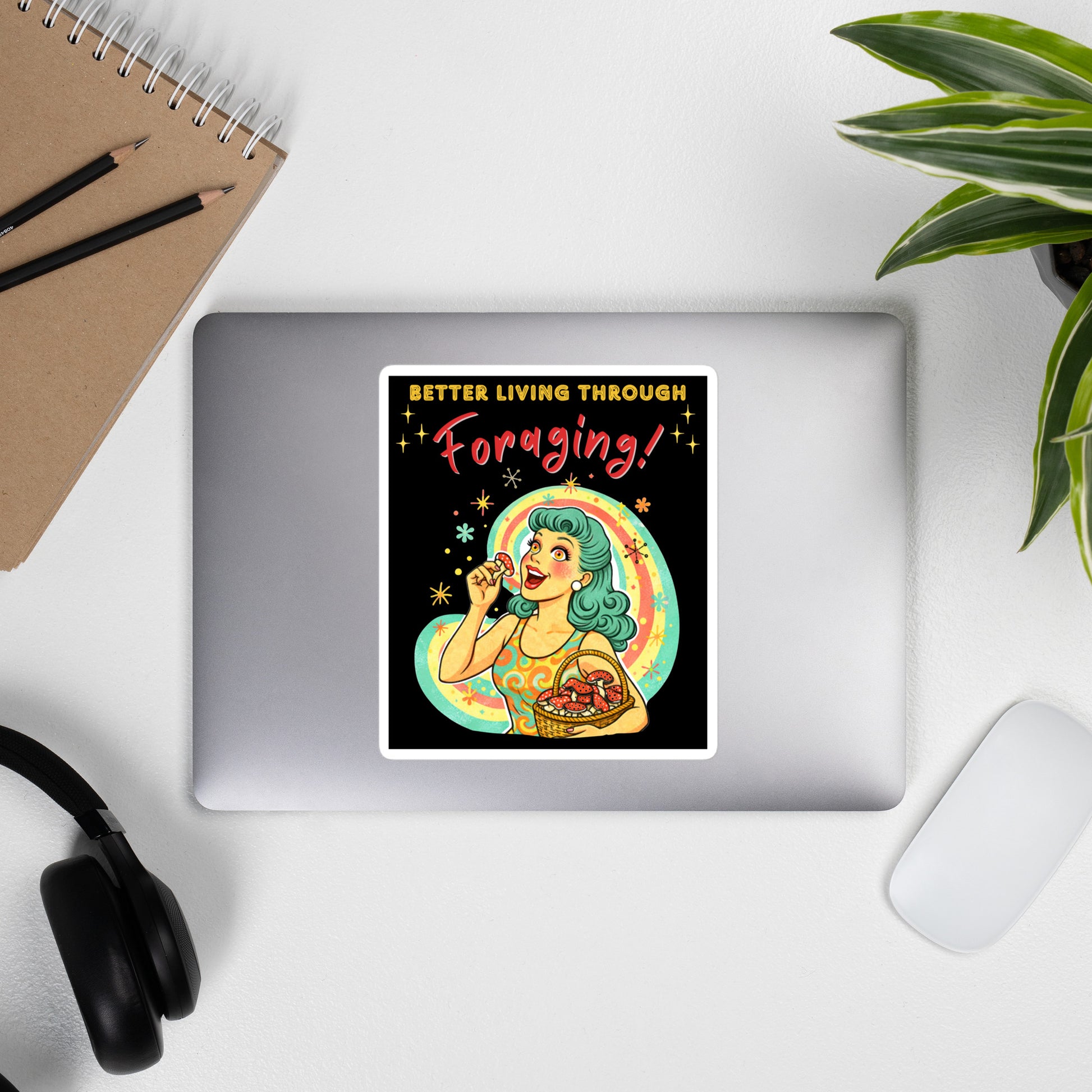 Better Living Through Foraging vinyl decal — vintage retro housewife with teal hair and glowing eyes holding a red mushroom with basket of foraged mushrooms against rainbow halo on black background, satin finish waterproof sticker by Cinderpoint Studios