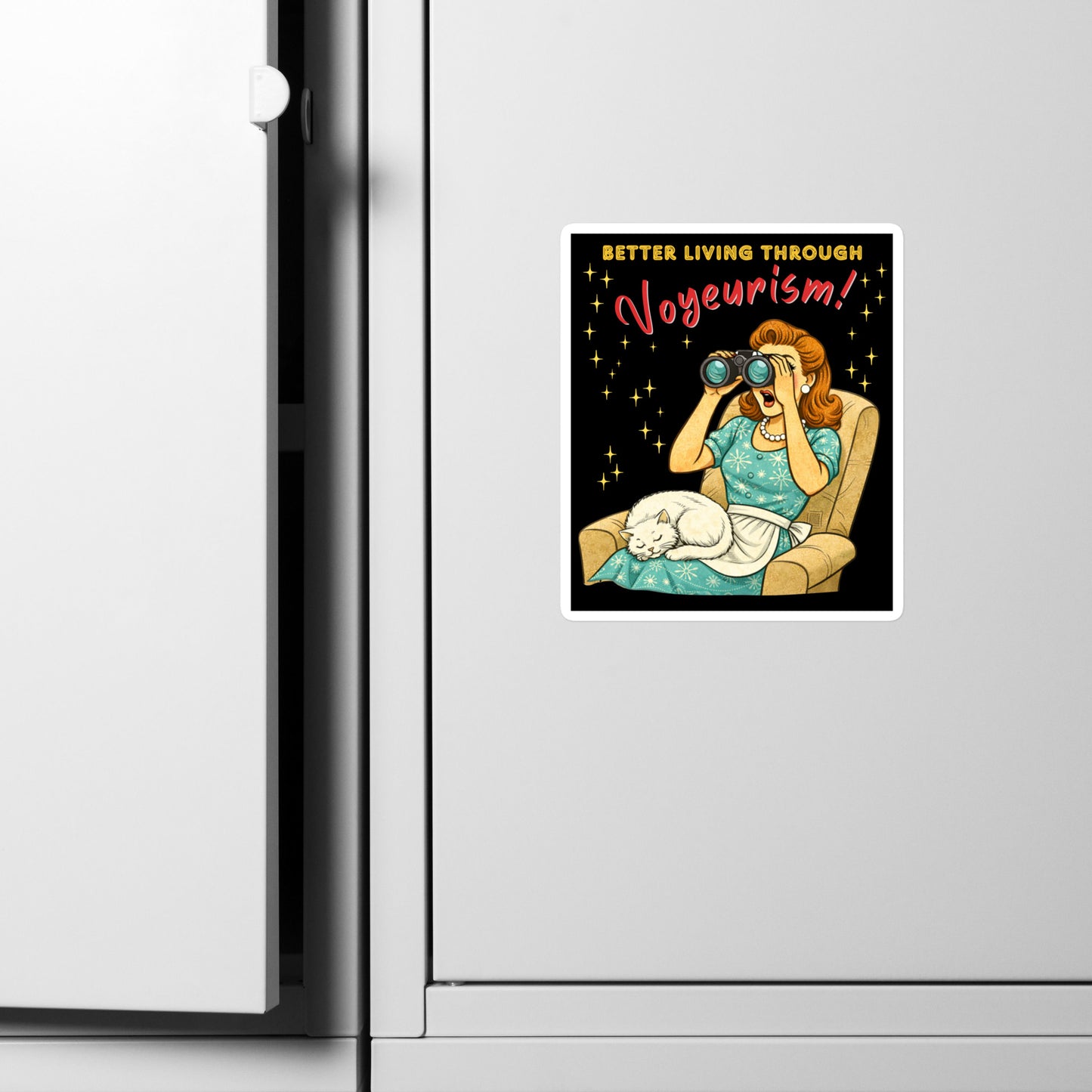 Better Living Through Voyeurism vinyl decal — vintage 1950s retro housewife peering through binoculars with mouth open while white cat sleeps in her lap on black background, satin finish waterproof sticker by Cinderpoint Studios
