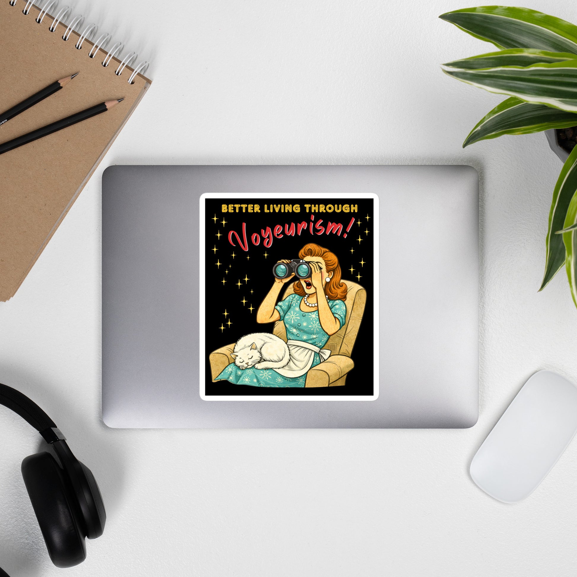 Better Living Through Voyeurism vinyl decal — vintage 1950s retro housewife peering through binoculars with mouth open while white cat sleeps in her lap on black background, satin finish waterproof sticker by Cinderpoint Studios