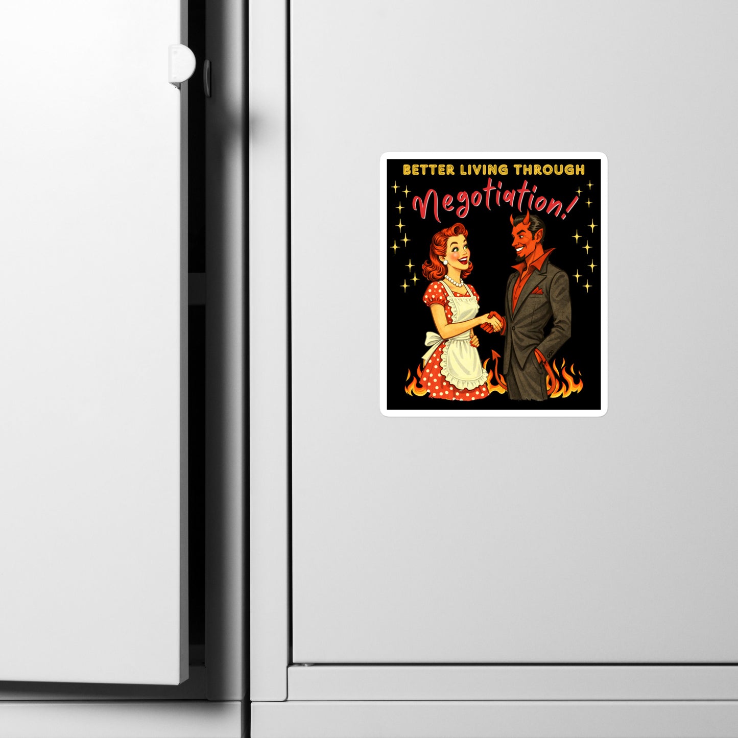 Better Living Through Negotiation vinyl decal — vintage 1950s retro housewife in polka dot apron confidently shaking hands with a suited Devil amid flames on black background, satin finish waterproof sticker by Cinderpoint Studios