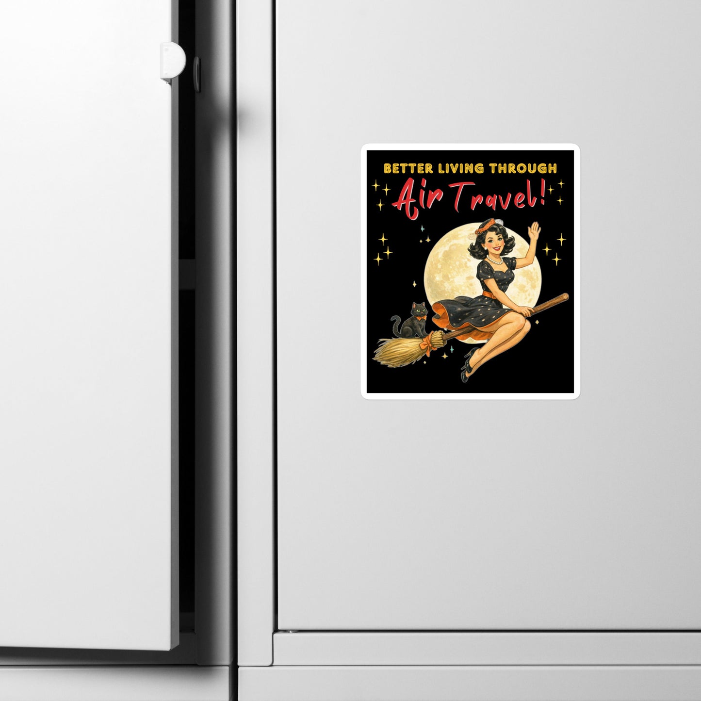 Better Living Through Air Travel vinyl decal — vintage retro pinup witch in black polka dot dress and stewardess hat riding a broom in front of a full moon with dapper black cat familiar in orange bow tie on black background, satin finish waterproof sticker by Cinderpoint Studios
