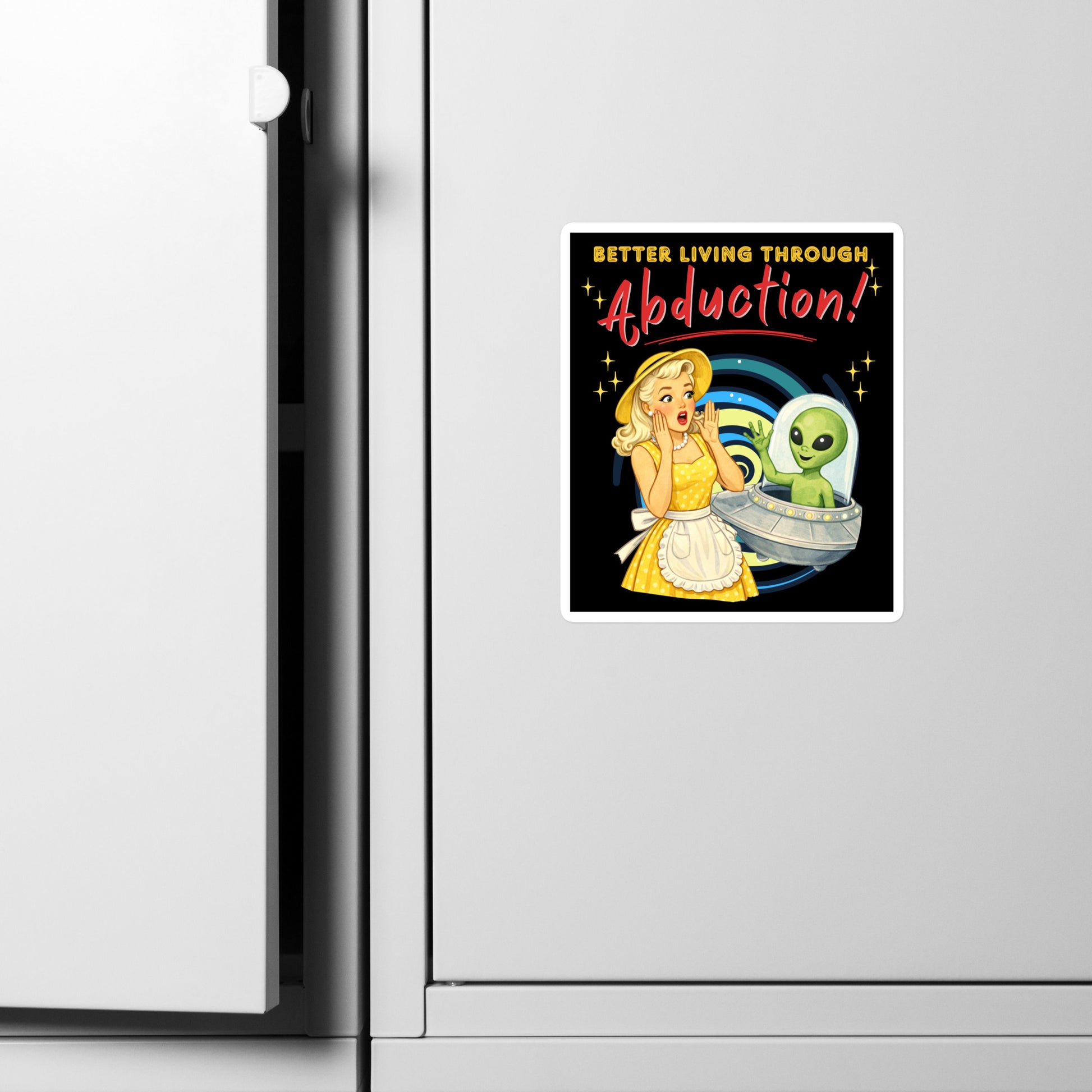 Better Living Through Abduction vinyl decal — vintage 1950s retro blonde housewife in yellow polka dot dress reacting with delight to a friendly green alien waving from a silver saucer on black background, satin finish waterproof sticker by Cinderpoint Studios