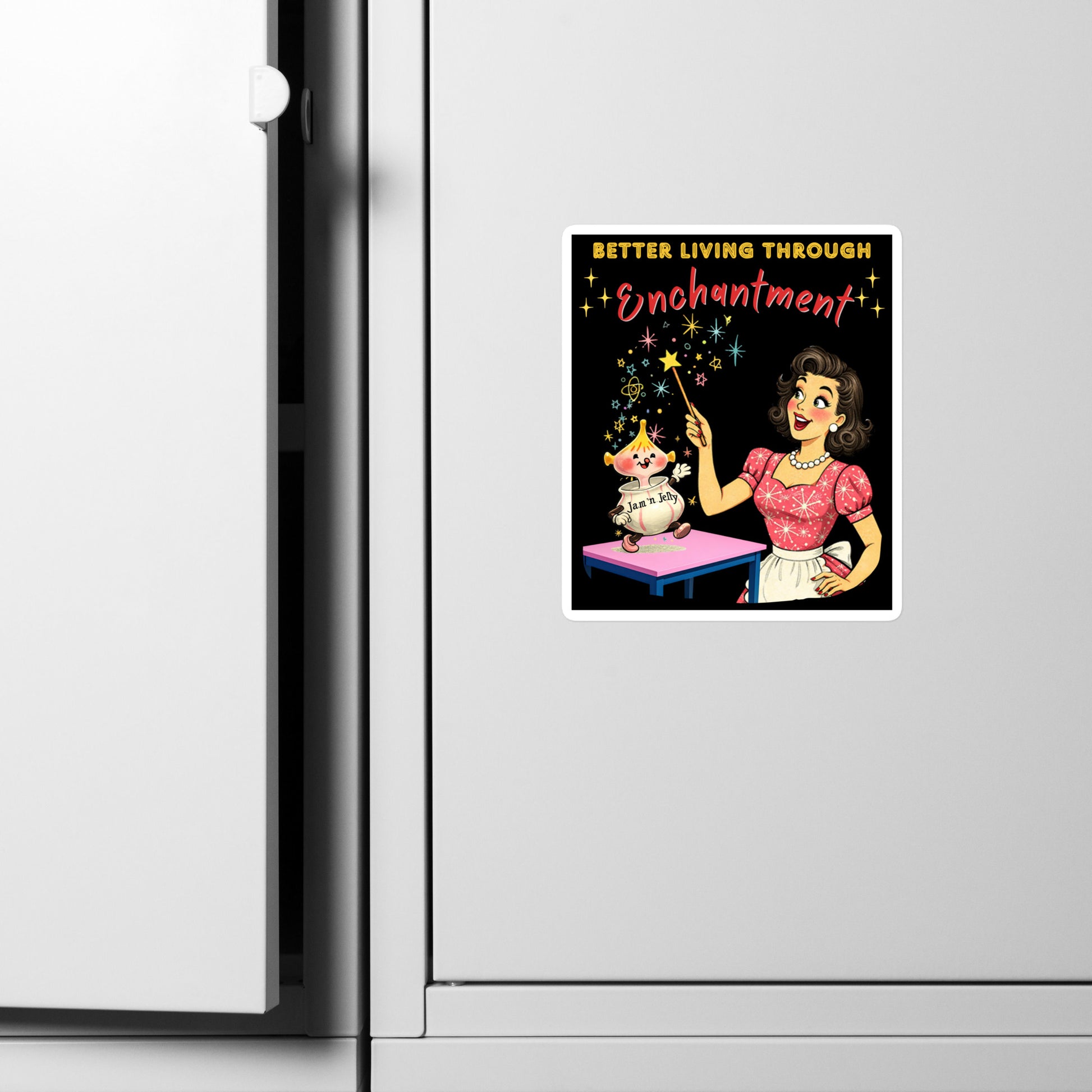 Better Living Through Enchantment vinyl decal — vintage 1950s retro housewife in atomic snowflake dress pointing a magic wand at an enchanted anthropomorphic Jam n Jelly jar dancing on a pink table on black background, satin finish waterproof sticker by Cinderpoint Studios