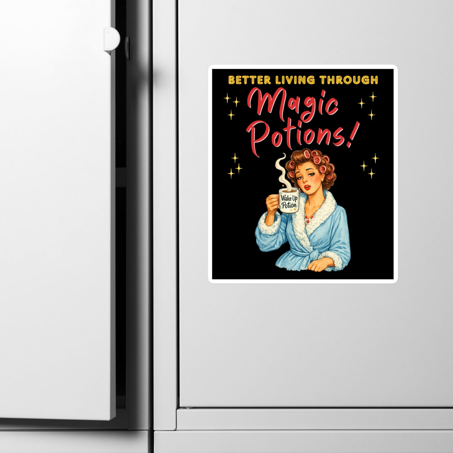 Better Living Through Magic Potions vinyl decal — vintage retro housewife in pink rollers and blue fluffy robe holding a steaming Wake Up Potion mug on black background, satin finish waterproof sticker by Cinderpoint Studios