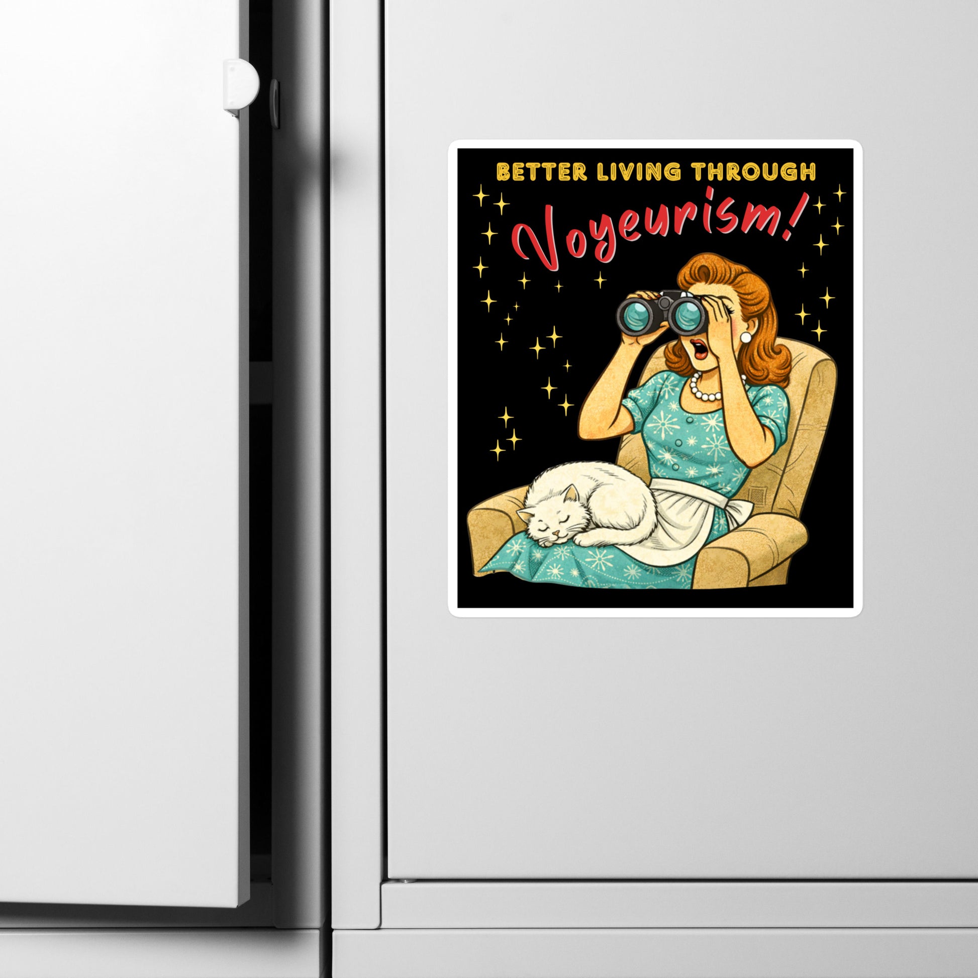 Better Living Through Voyeurism vinyl decal — vintage 1950s retro housewife peering through binoculars with mouth open while white cat sleeps in her lap on black background, satin finish waterproof sticker by Cinderpoint Studios