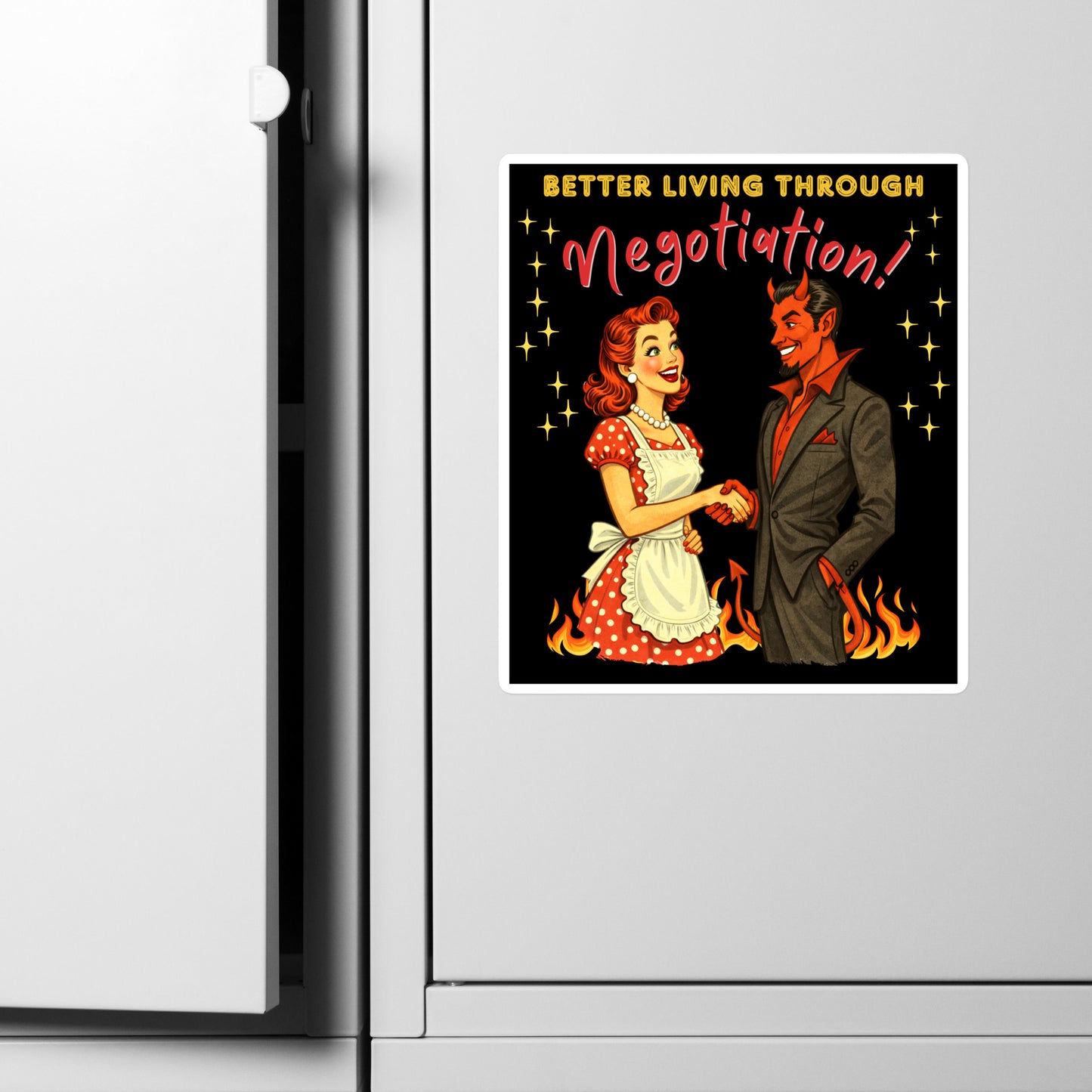 Better Living Through Negotiation vinyl decal — vintage 1950s retro housewife in polka dot apron confidently shaking hands with a suited Devil amid flames on black background, satin finish waterproof sticker by Cinderpoint Studios
