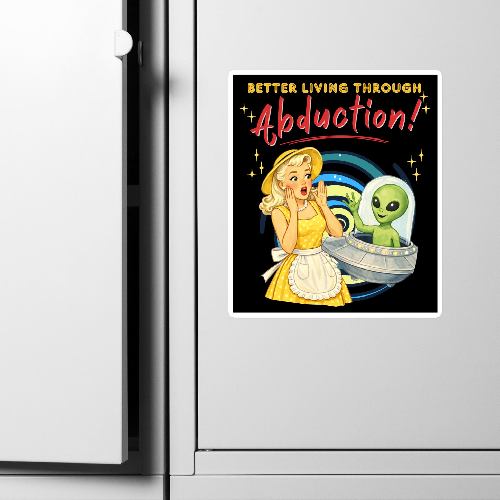 Better Living Through Abduction vinyl decal — vintage 1950s retro blonde housewife in yellow polka dot dress reacting with delight to a friendly green alien waving from a silver saucer on black background, satin finish waterproof sticker by Cinderpoint Studios