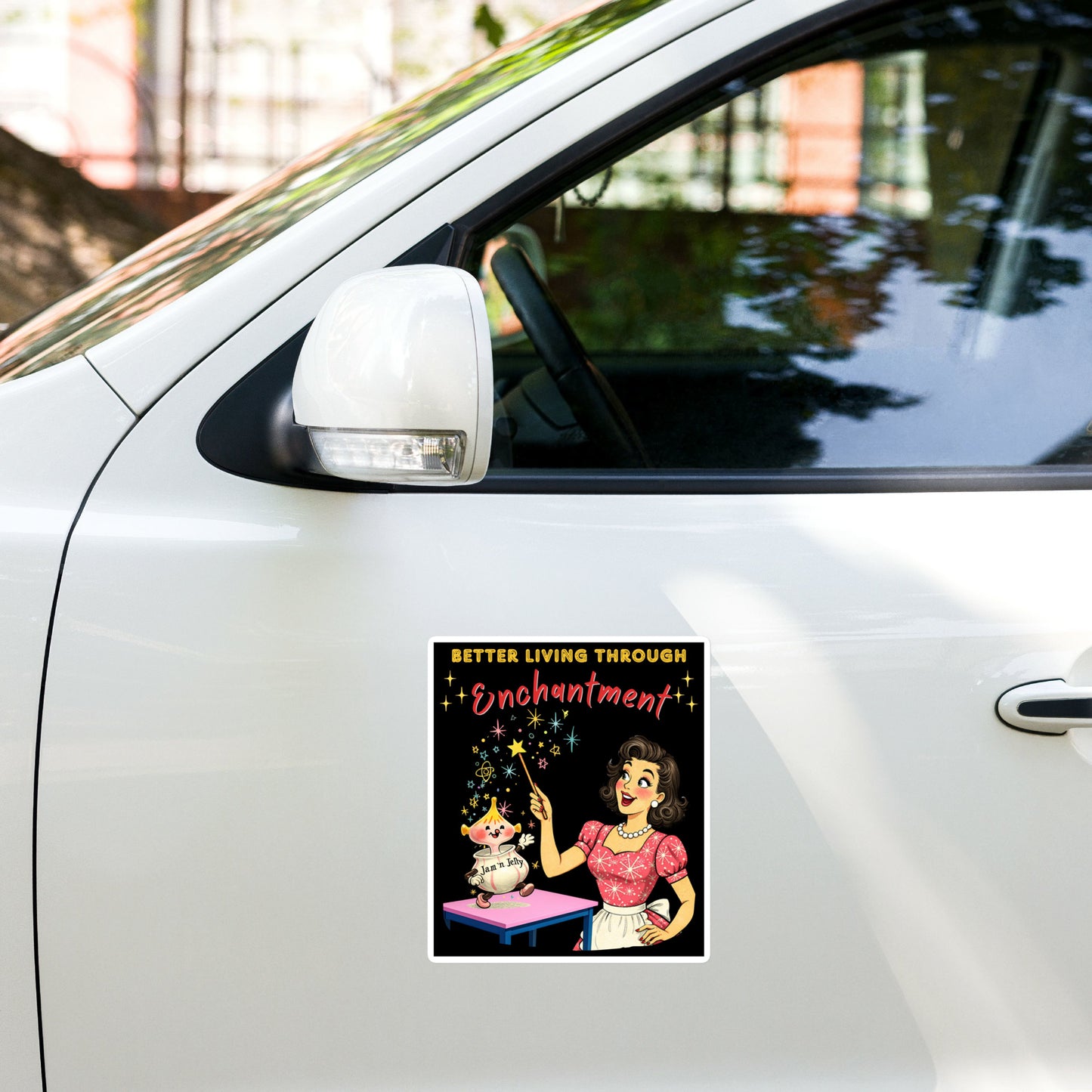 Better Living Through Enchantment vinyl decal — vintage 1950s retro housewife in atomic snowflake dress pointing a magic wand at an enchanted anthropomorphic Jam n Jelly jar dancing on a pink table on black background, satin finish waterproof sticker by Cinderpoint Studios