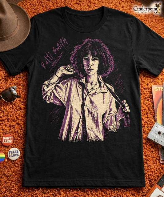 A gritty, high-contrast artistic portrait of Patti Smith on a black t-shirt, capturing her iconic 1970s punk poetess aesthetic.