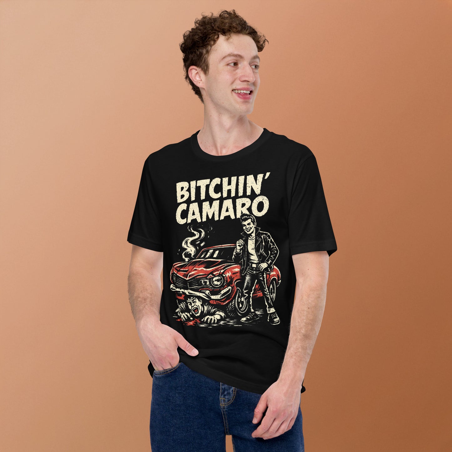 A retro-style graphic t-shirt featuring a stylized vintage Camaro muscle car with "Bitchin Camaro" in bold, distressed punk-rock lettering.