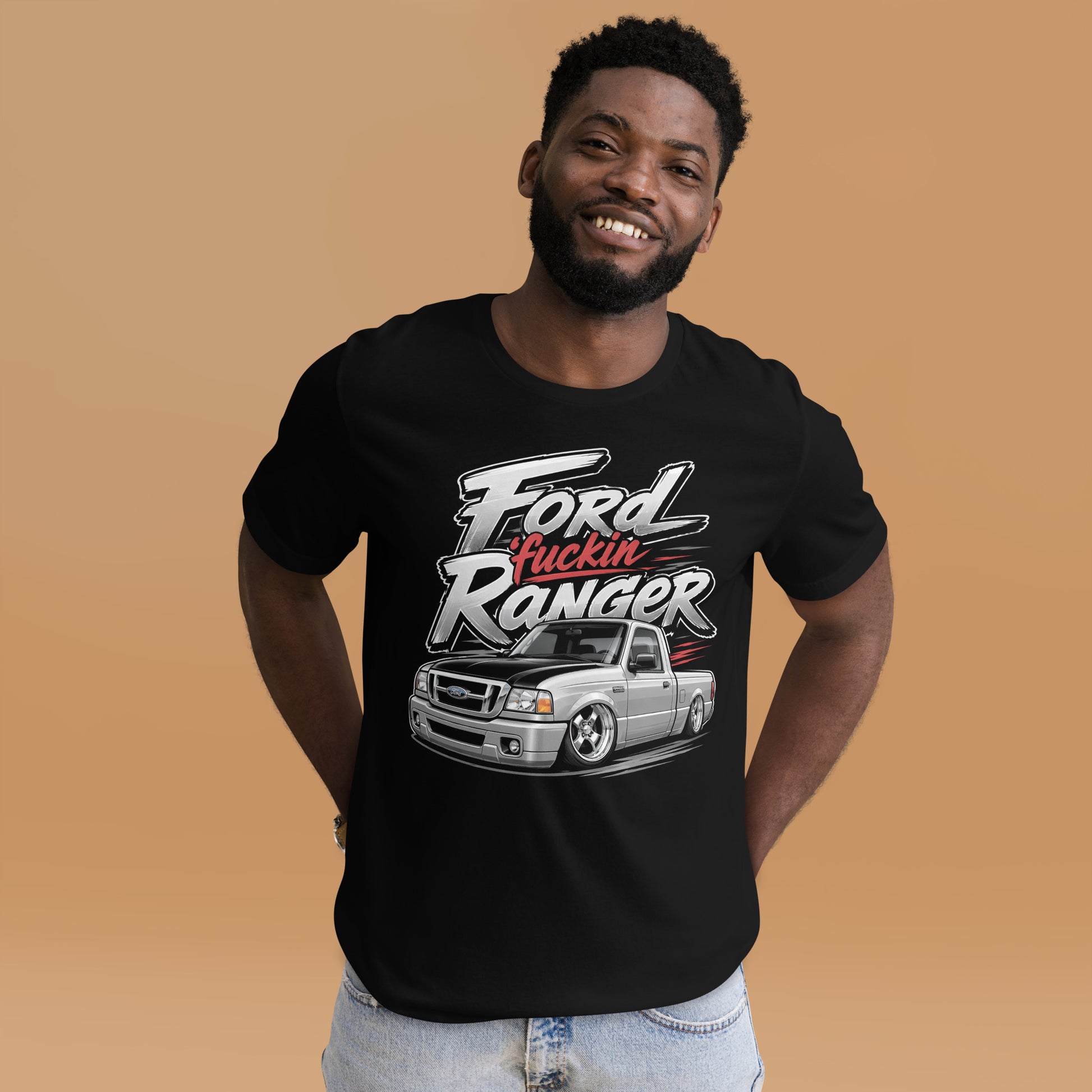 A graphic on a black t-shirt featuring a custom lowered/slammed Ford Ranger mini truck with "Ford Fuckin Ranger" in bold, gritty lettering.