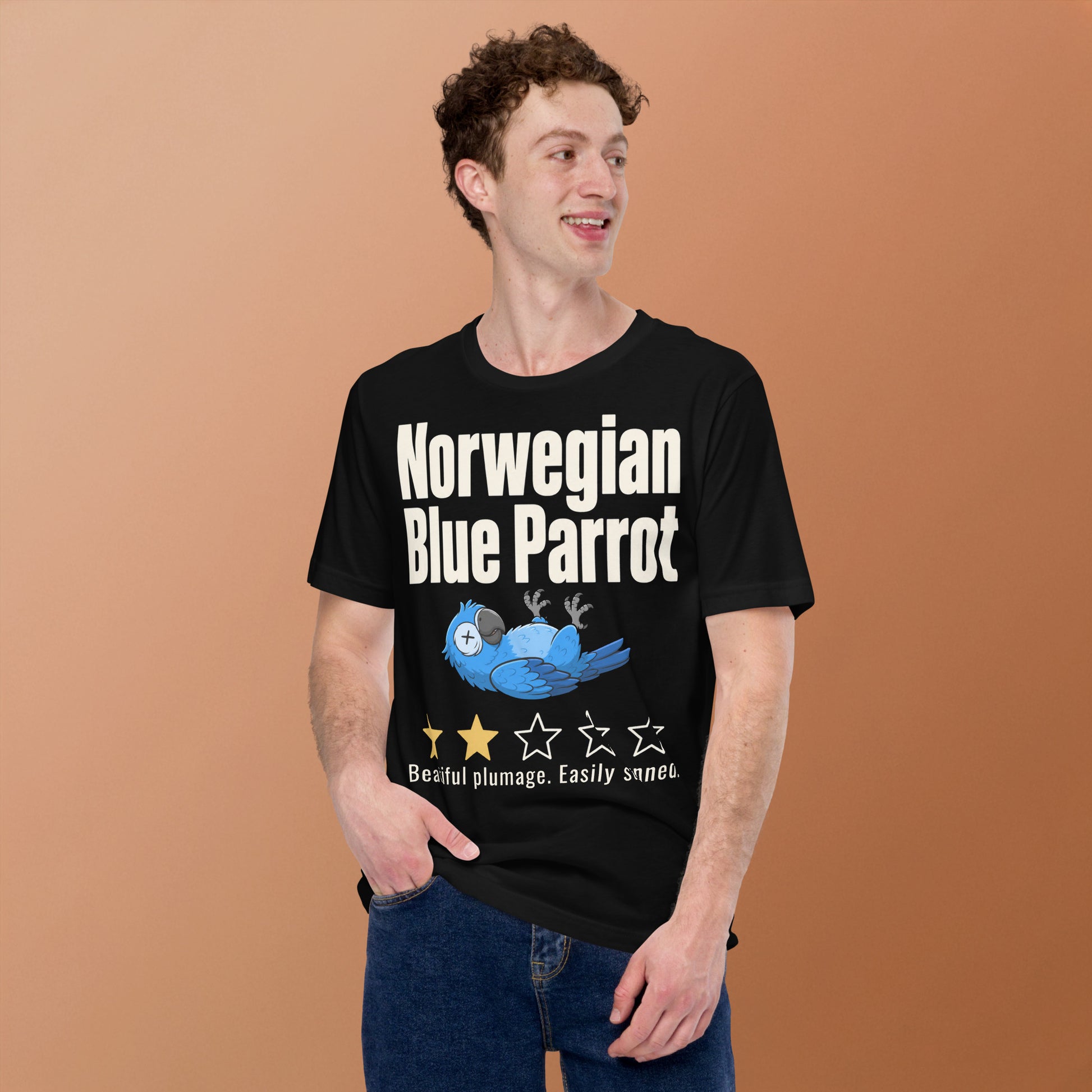 Funny blue parrot t-shirt design with two-star review text reading Beautiful plumage Easily stunned