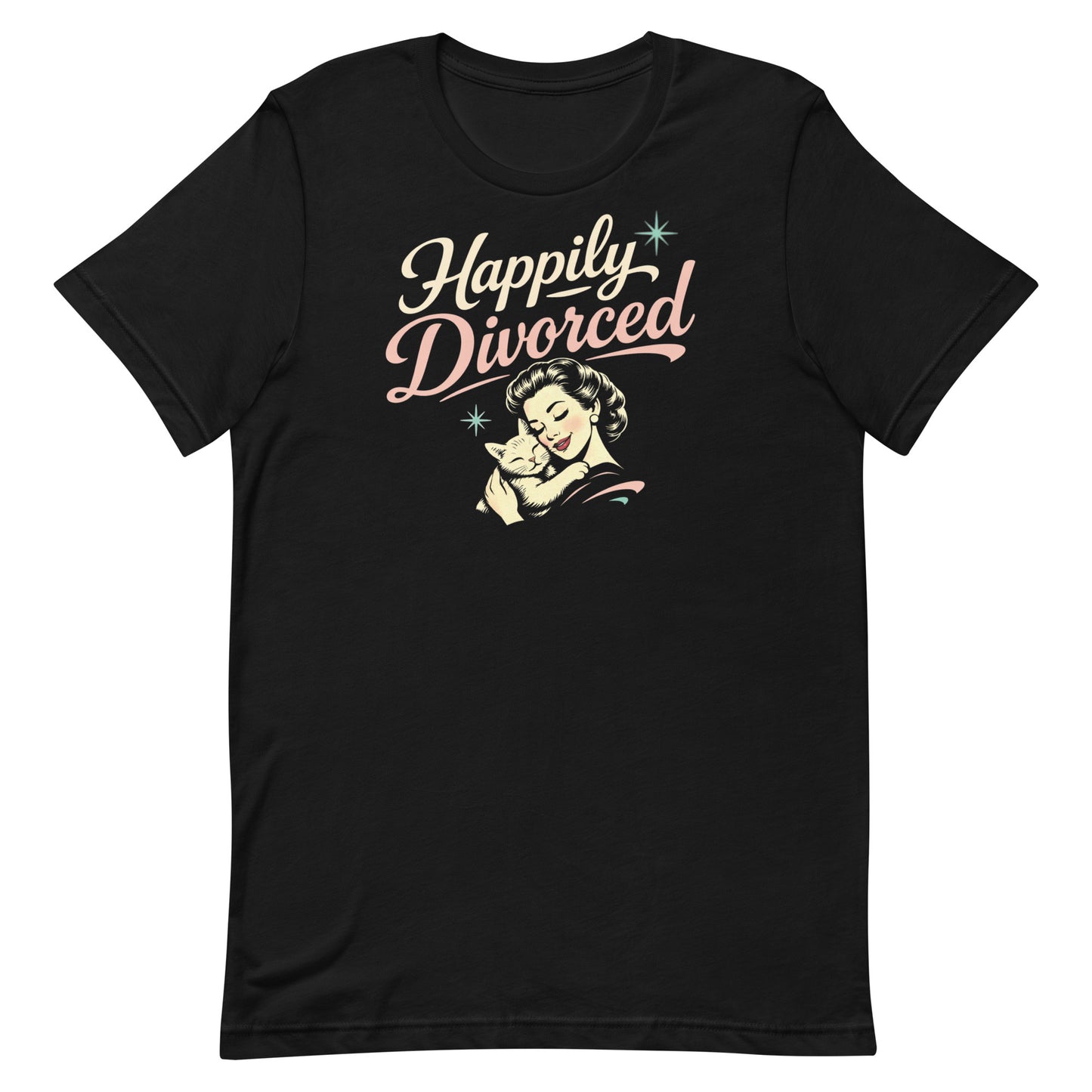 Black retro graphic t-shirt featuring the phrase Happily Divorced in cream and pink script above a vintage-inspired woman cuddling her cat with small aqua atomic starbursts.