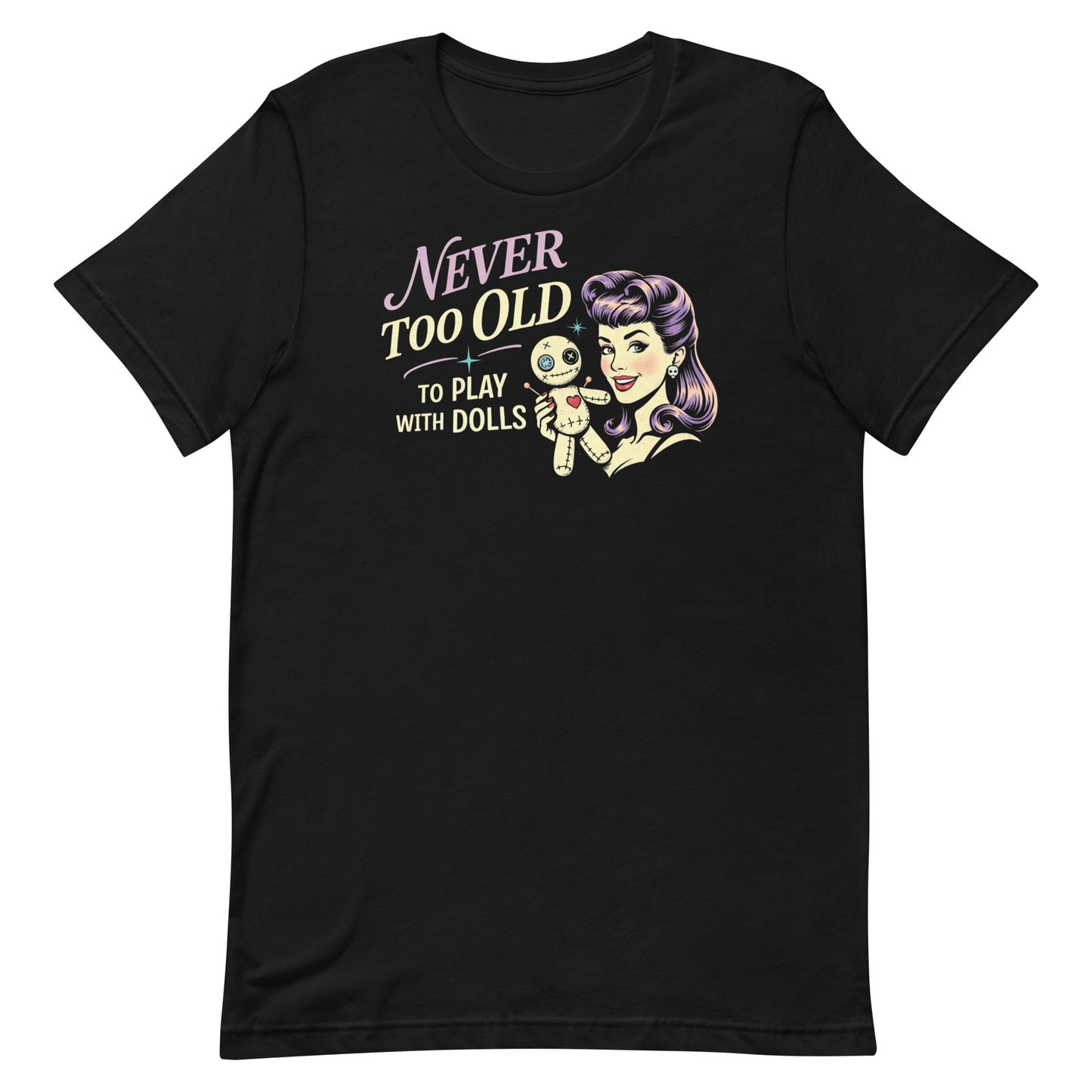 Black retro graphic t-shirt featuring the phrase Never Too Old to Play with Dolls beside a vintage-inspired woman with purple hair holding a stitched voodoo doll.uct mockup