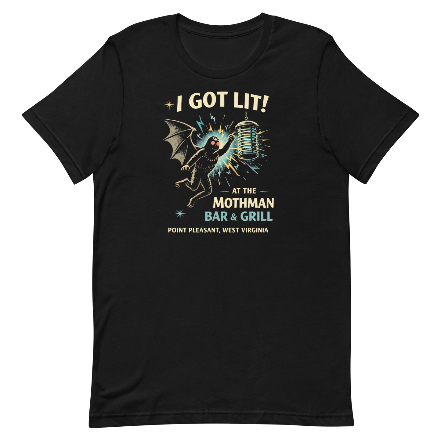 Black retro graphic t-shirt featuring Mothman flying into a glowing bug light with the phrase I Got Lit at the Mothman Bar and Grill, Point Pleasant, West Virginia.
