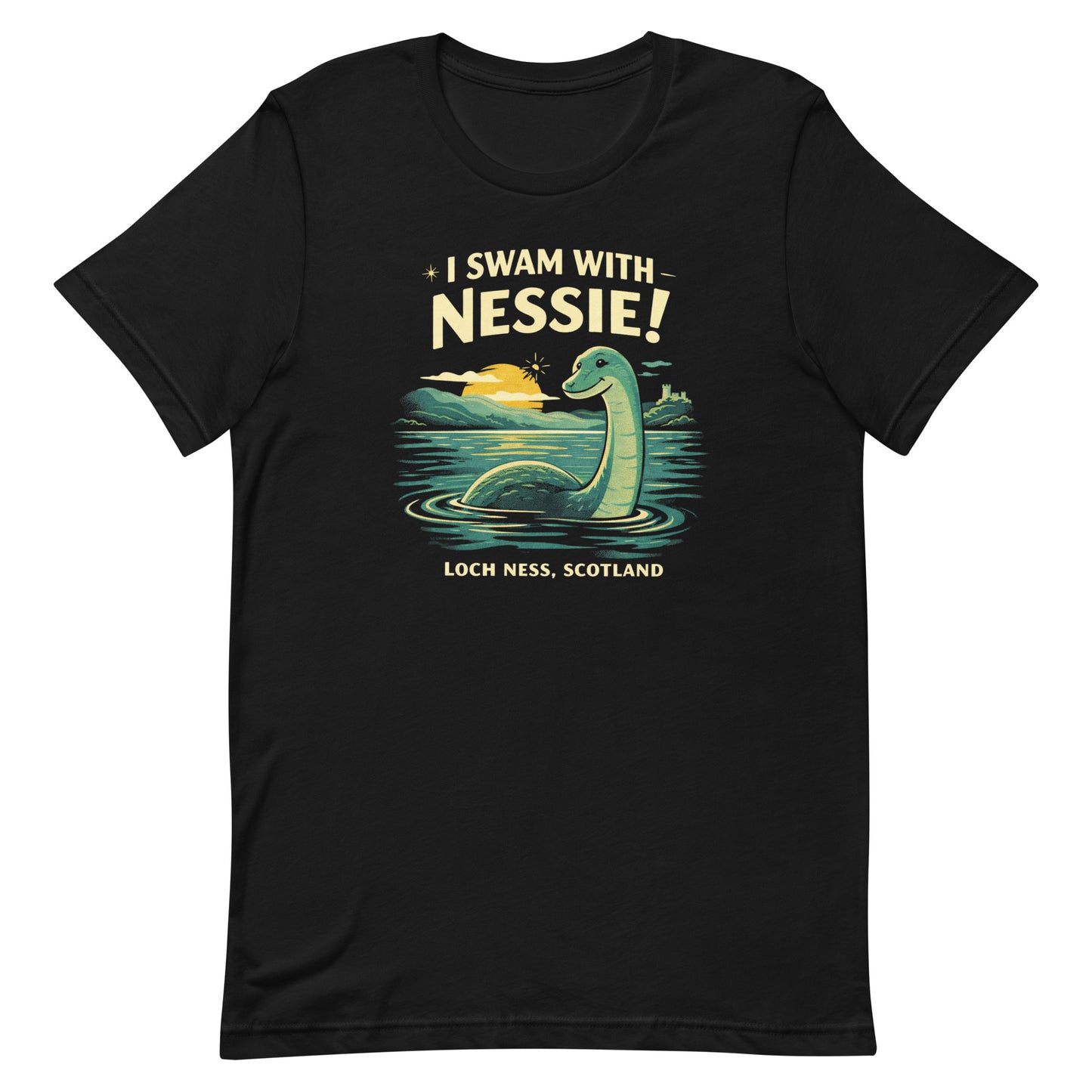 A retro cryptid travel t-shirt featuring Nessie in Loch Ness, Scotland with scenic vintage-style artwork and playful souvenir-shirt charm.
