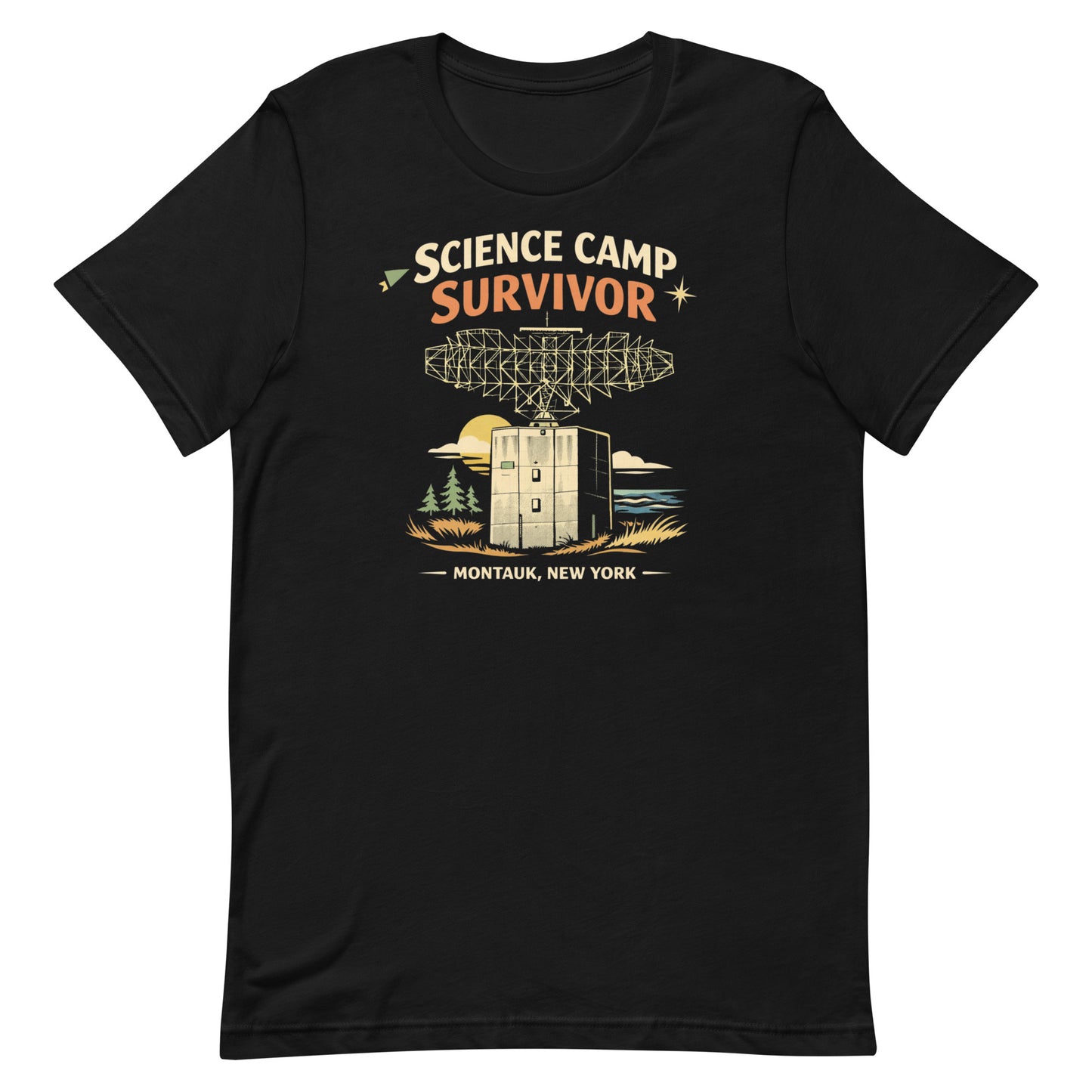 Black retro graphic t-shirt featuring the phrase Science Camp Survivor above a vintage-style radar tower illustration with Montauk, New York text below.
