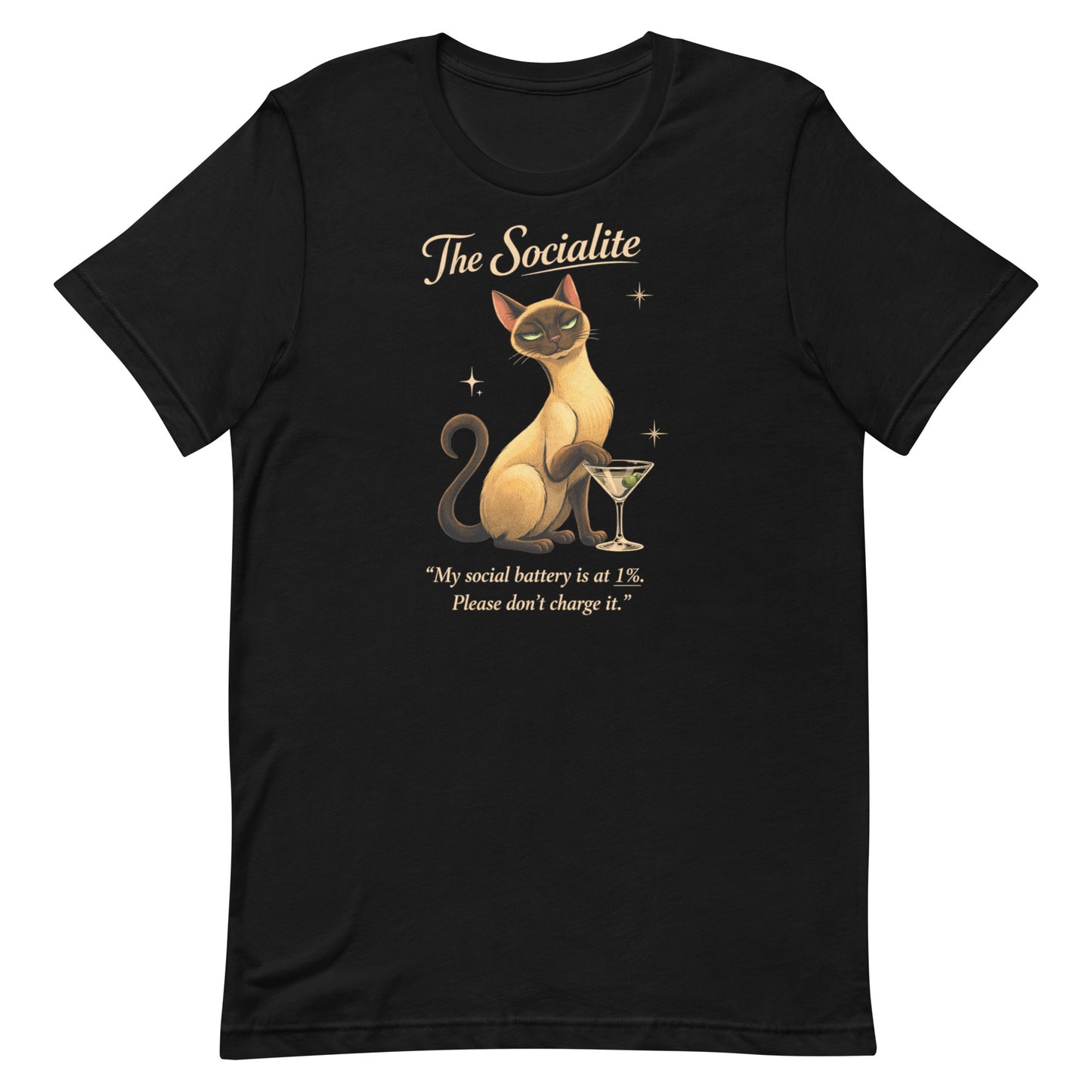 The Socialite Book of Lyle t-shirt design featuring Lyle, a sleek Siamese cat beside a martini glass with the quote “My social battery is at 1%. Please don’t charge it.”