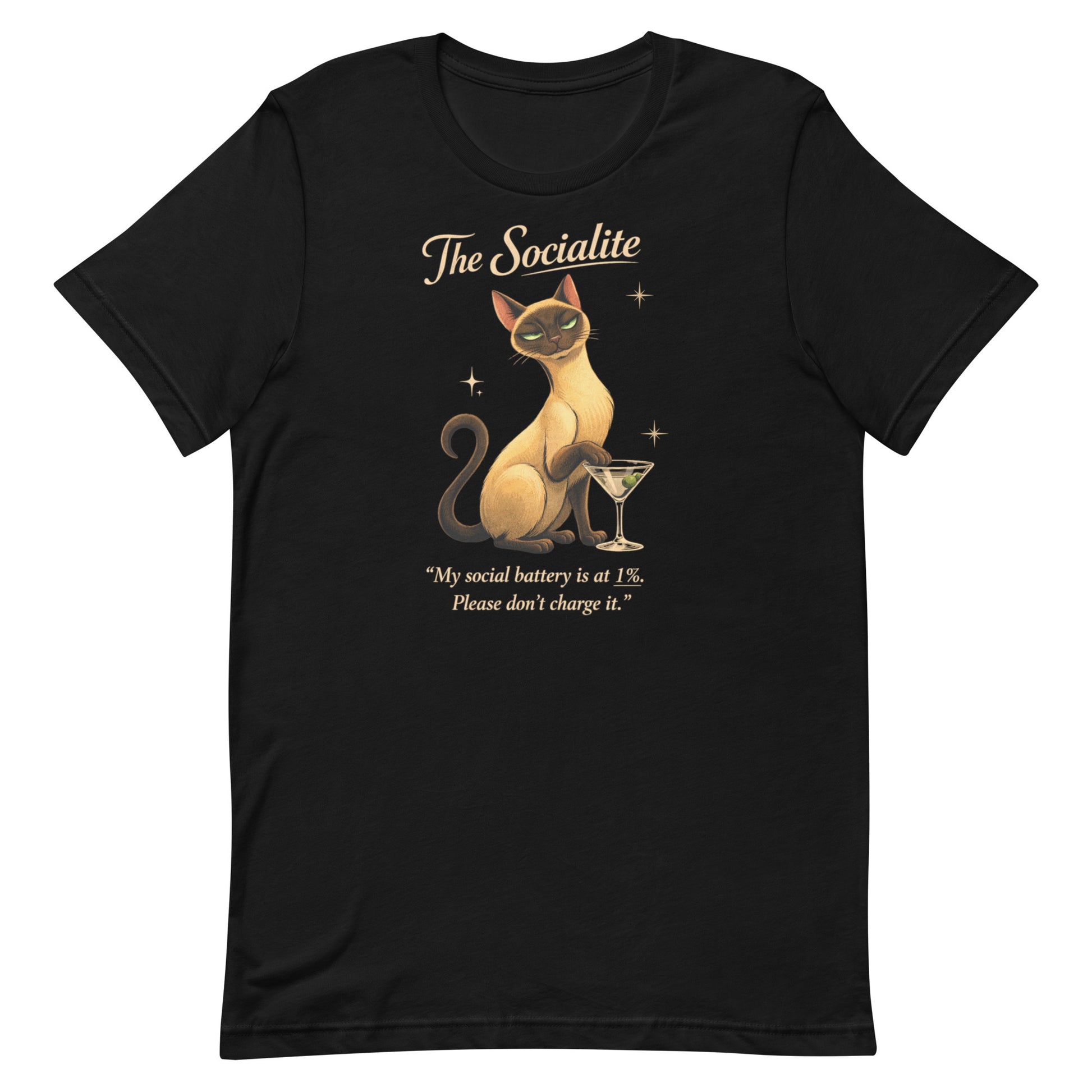 The Socialite Book of Lyle t-shirt design featuring Lyle, a sleek Siamese cat beside a martini glass with the quote “My social battery is at 1%. Please don’t charge it.”