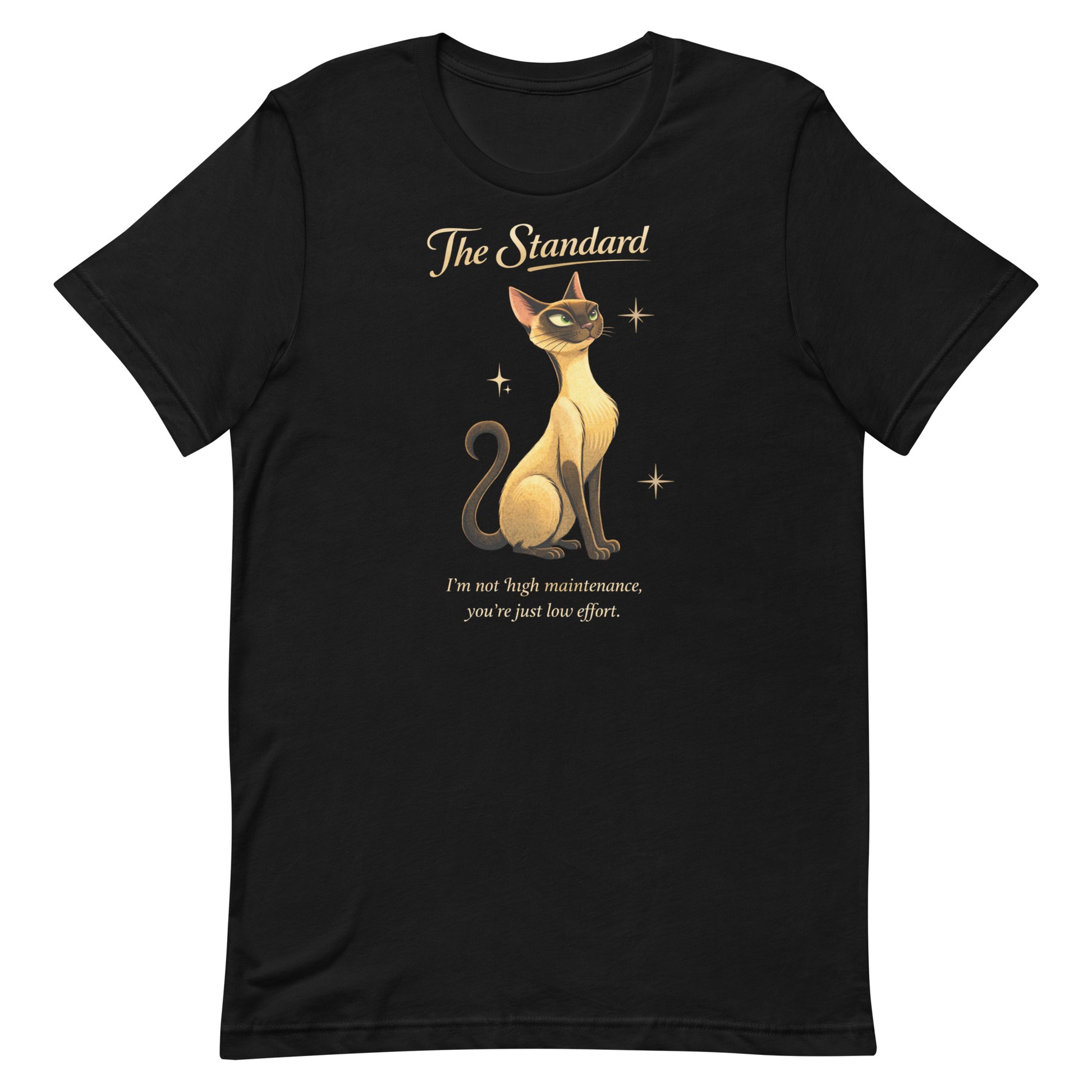 The Standard Book of Lyle t-shirt design featuring Lyle, a sleek Siamese cat with the quote “I’m not high maintenance, you’re just low effort.”