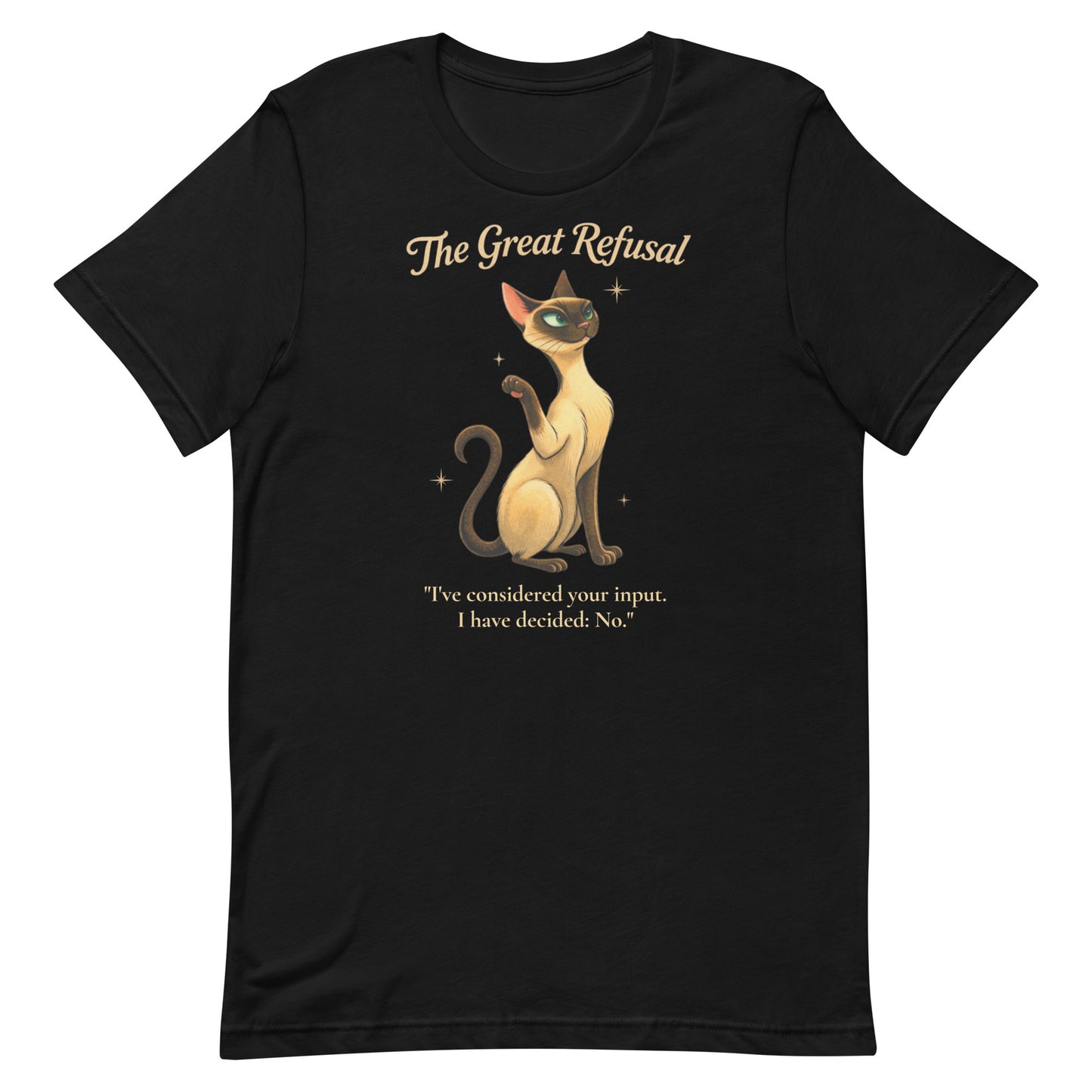 Flat layout of a black Bella+Canvas 3001 graphic tee featuring a mid-century long neck, sleek, siamese cat setting boundaries.