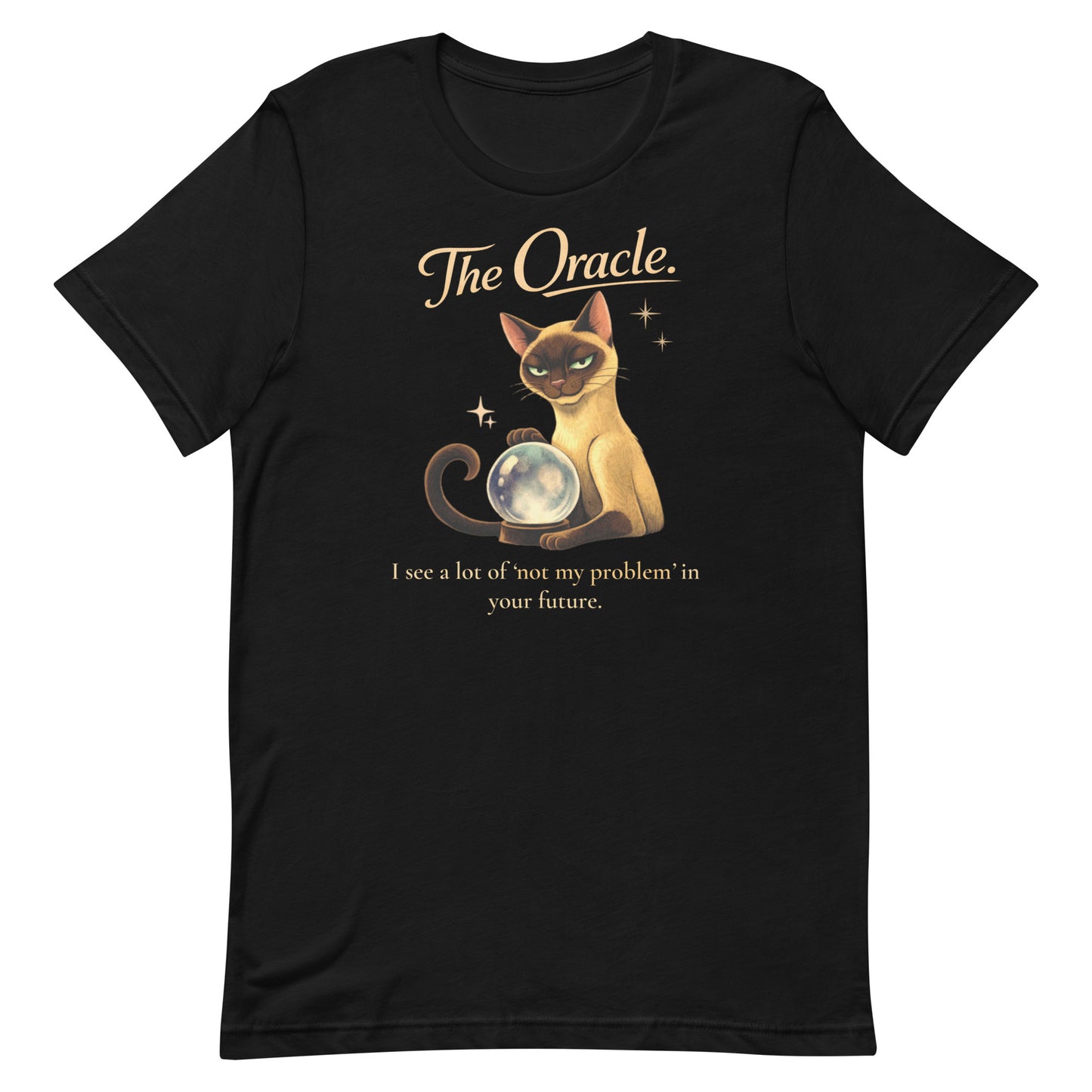 High-resolution overhead shot of a black Bella+Canvas 3001 t-shirt, showcasing "The Oracle" Siamese cat artwork centered on the chest.