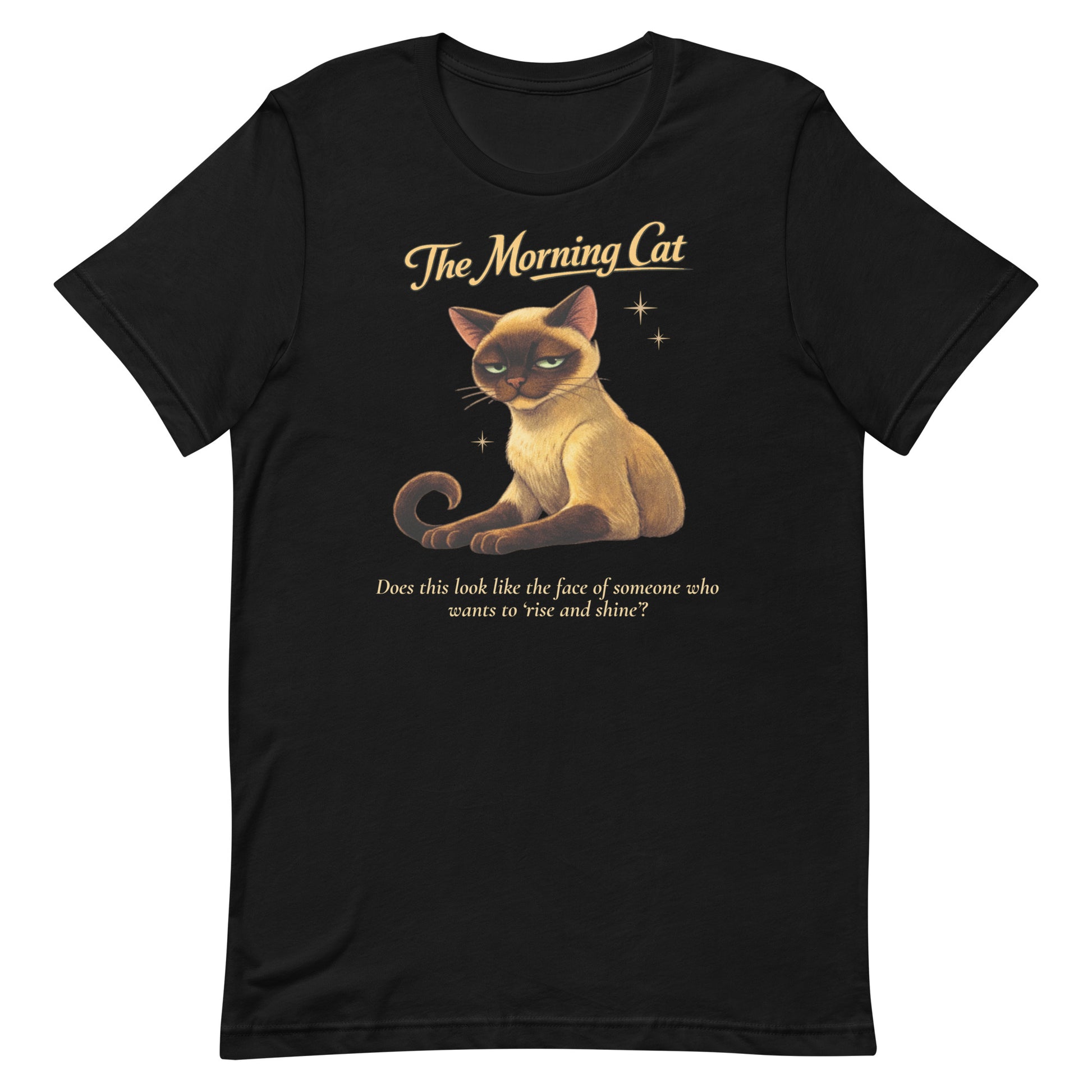 High-resolution overhead shot of a black Bella+Canvas 3001 t-shirt, showcasing "The Morning Cat" Siamese cat artwork centered on the chest with professional, clean lines.