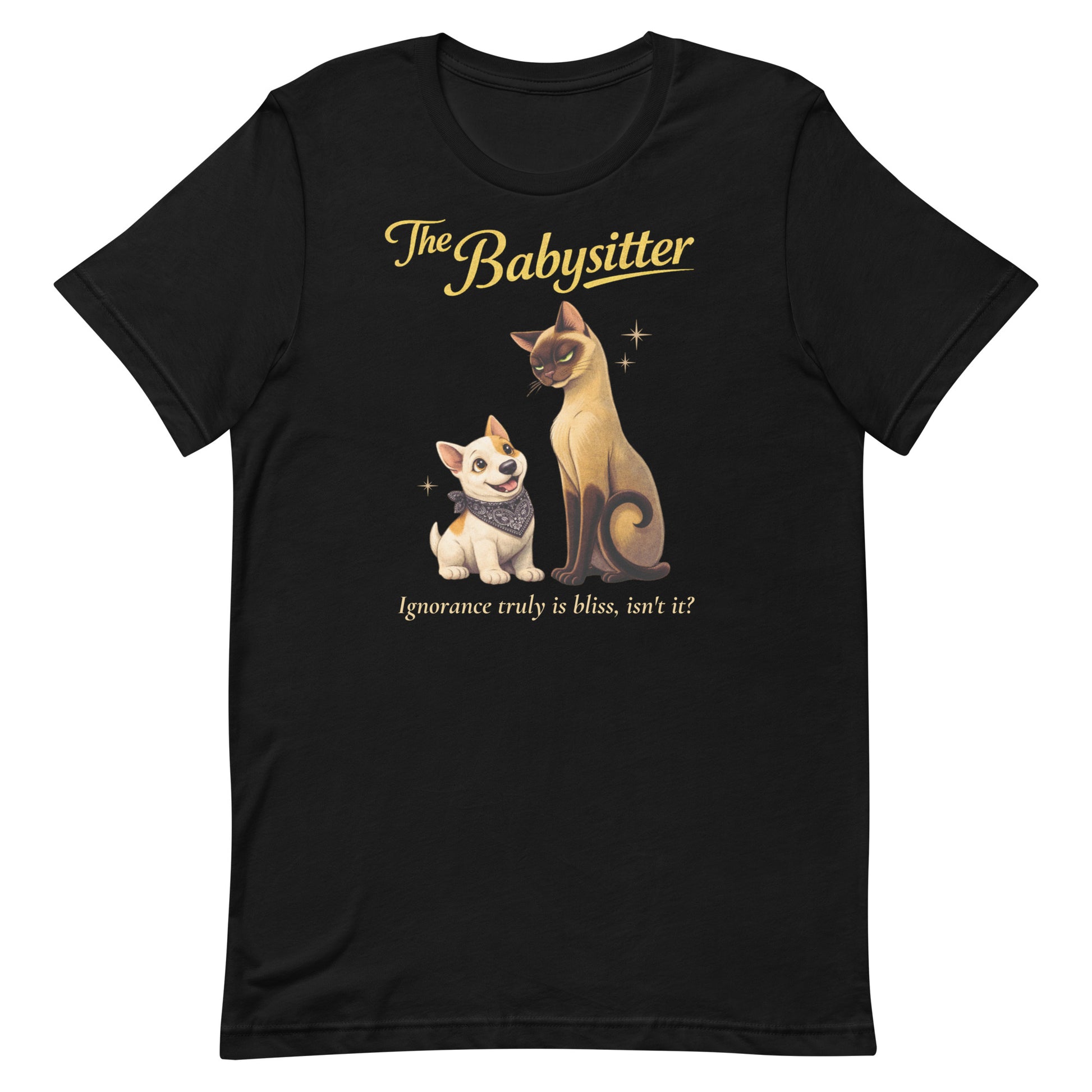 High-resolution overhead shot of a black Bella+Canvas 3001 t-shirt, showcasing the "The Babysitter" artwork of Lyle and the Bull Terrier puppy centered on the chest.