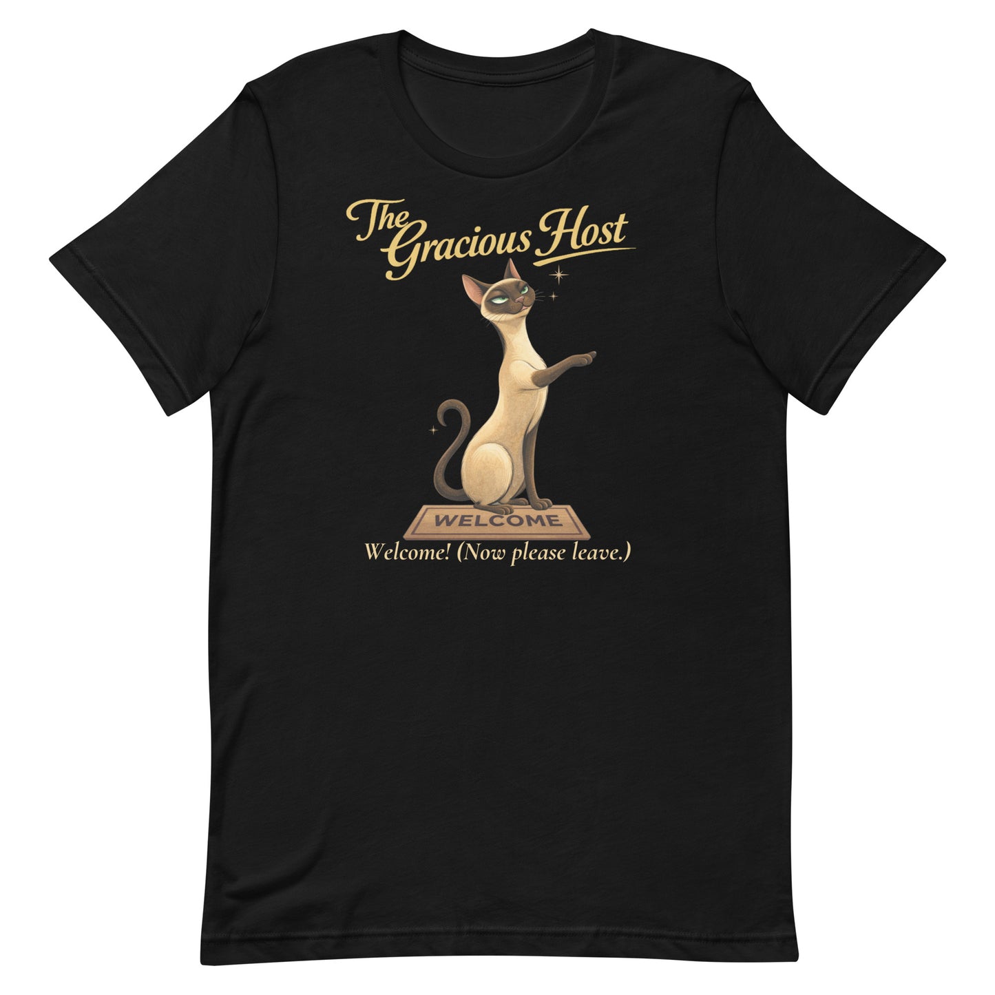 Product High-resolution overhead shot of a black Bella+Canvas 3001 t-shirt, showcasing "The Gracious Host" Siamese cat artwork centered on the chest.